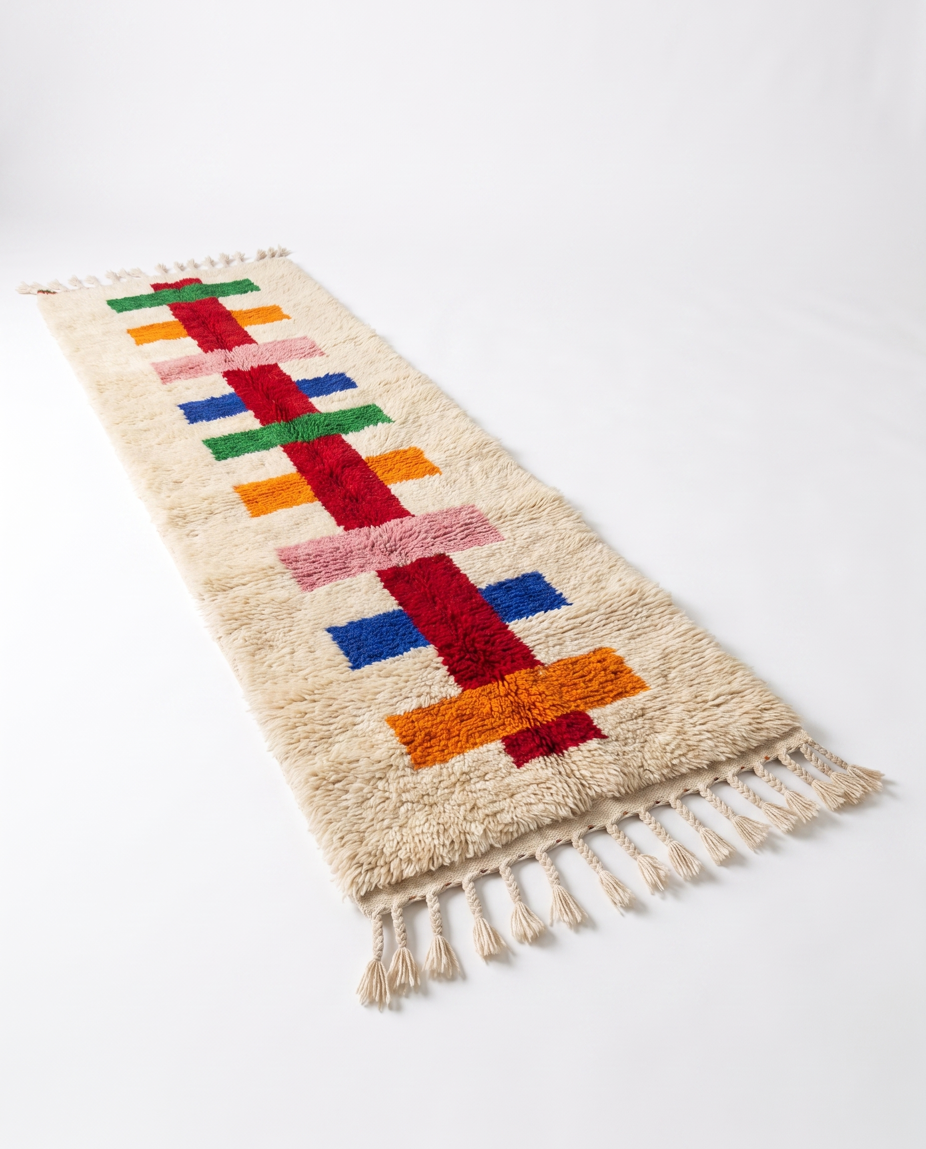 Colorful Moroccan runner rug full length view at an angle on white studio background