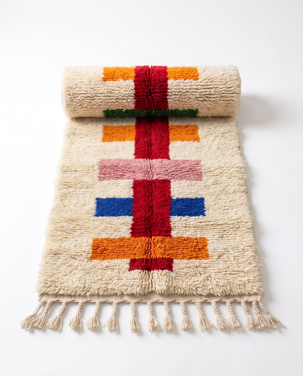 Half-rolled colorful Berber runner rug showing wool pile on white studio background