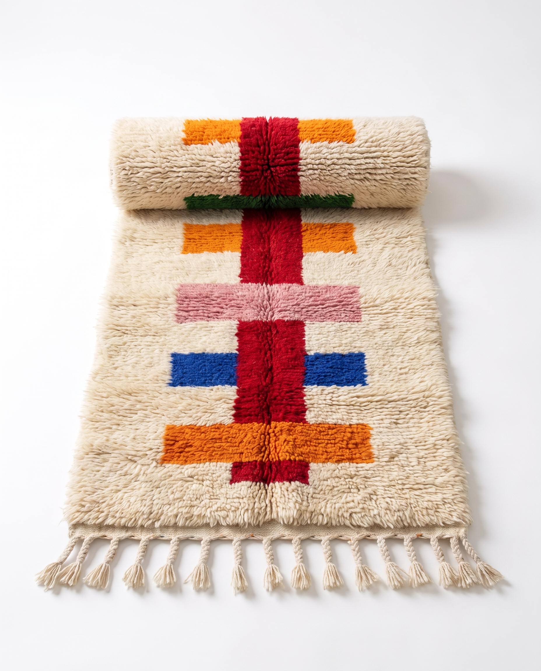 Half-rolled colorful Berber runner rug showing wool pile on white studio background