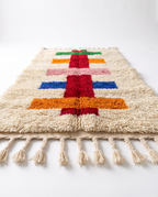 Side view along colorful runner rug showing pile height and fringe on white studio background