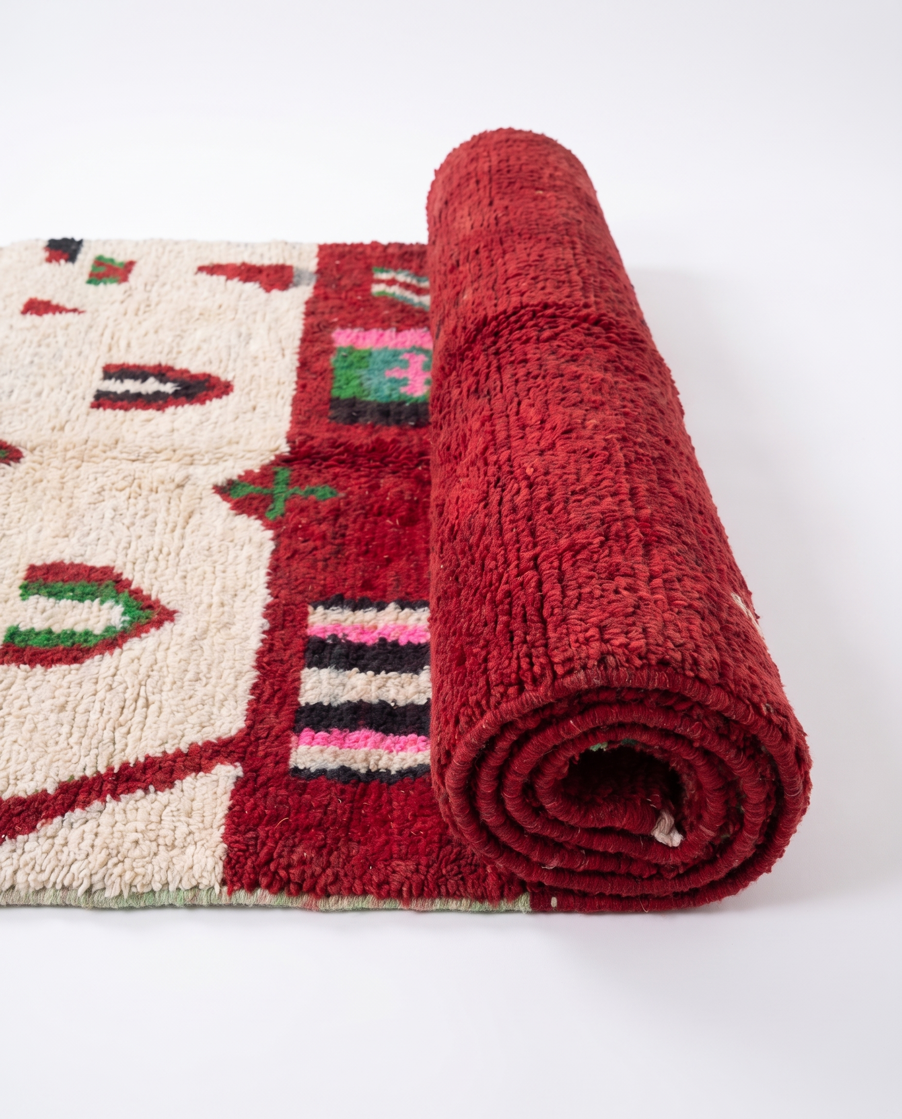 Crimson Boujaad rug half-rolled on white studio background