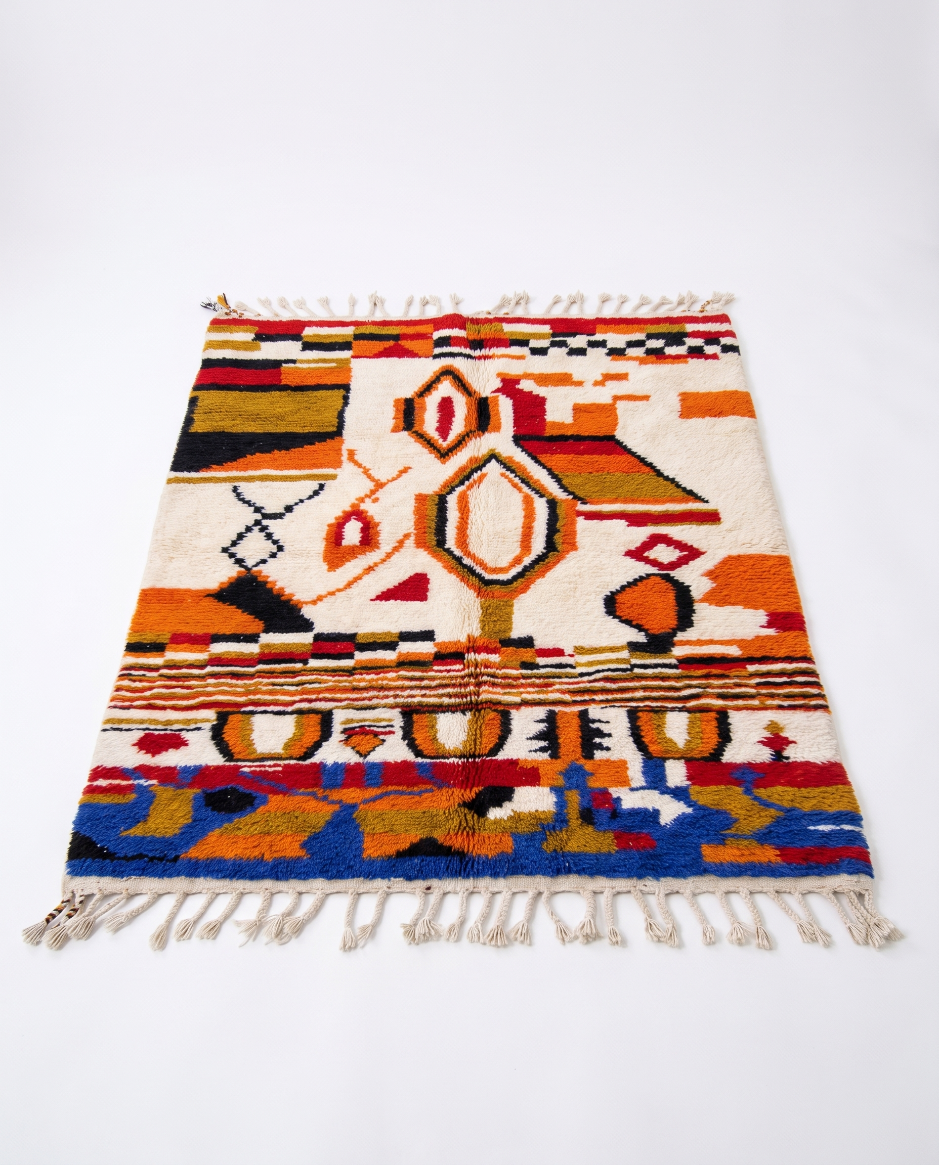 Saffron and ivory Boujaad rug full view at an angle on white studio background