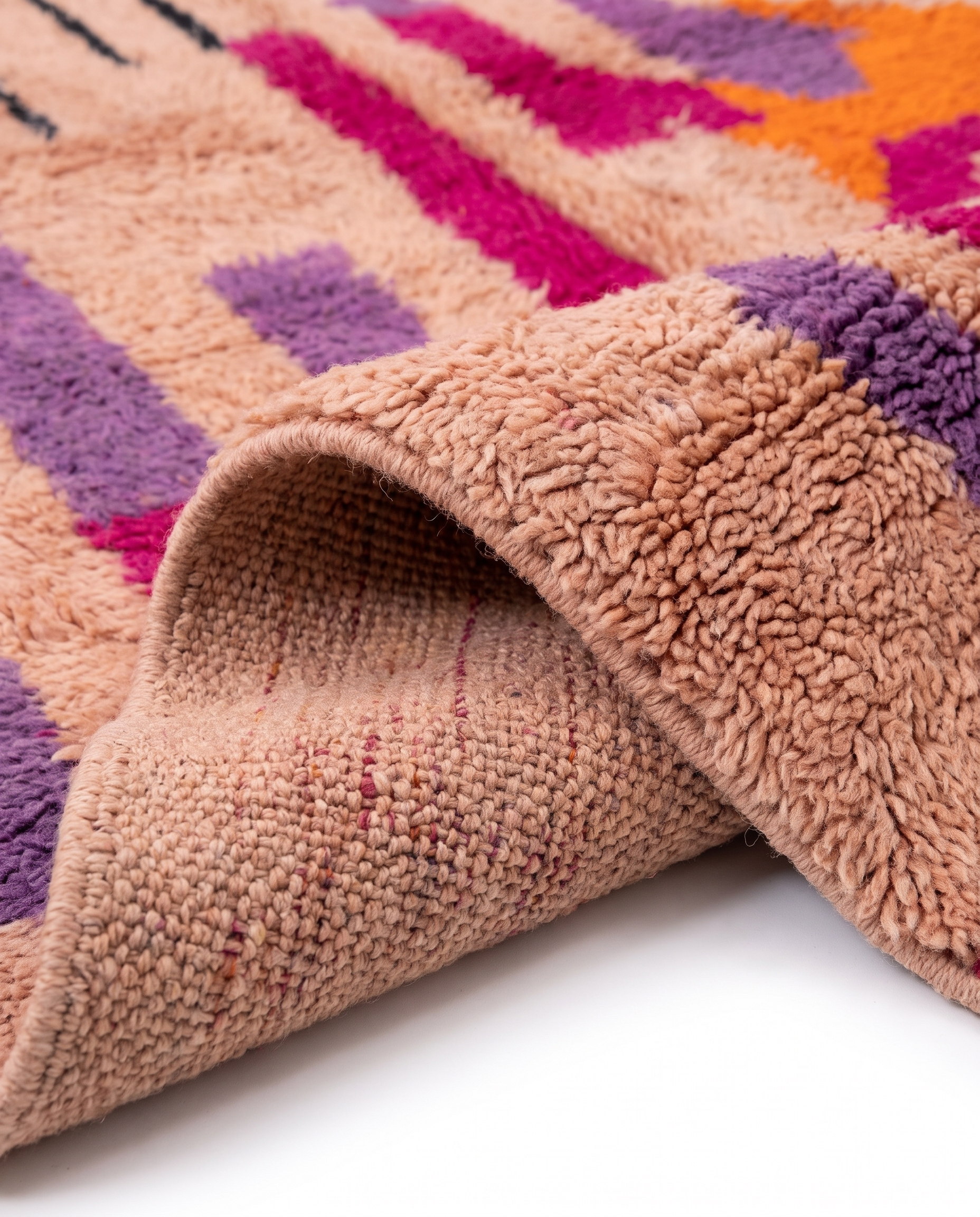 Blush terracotta Boujaad rug folded corner on white studio background