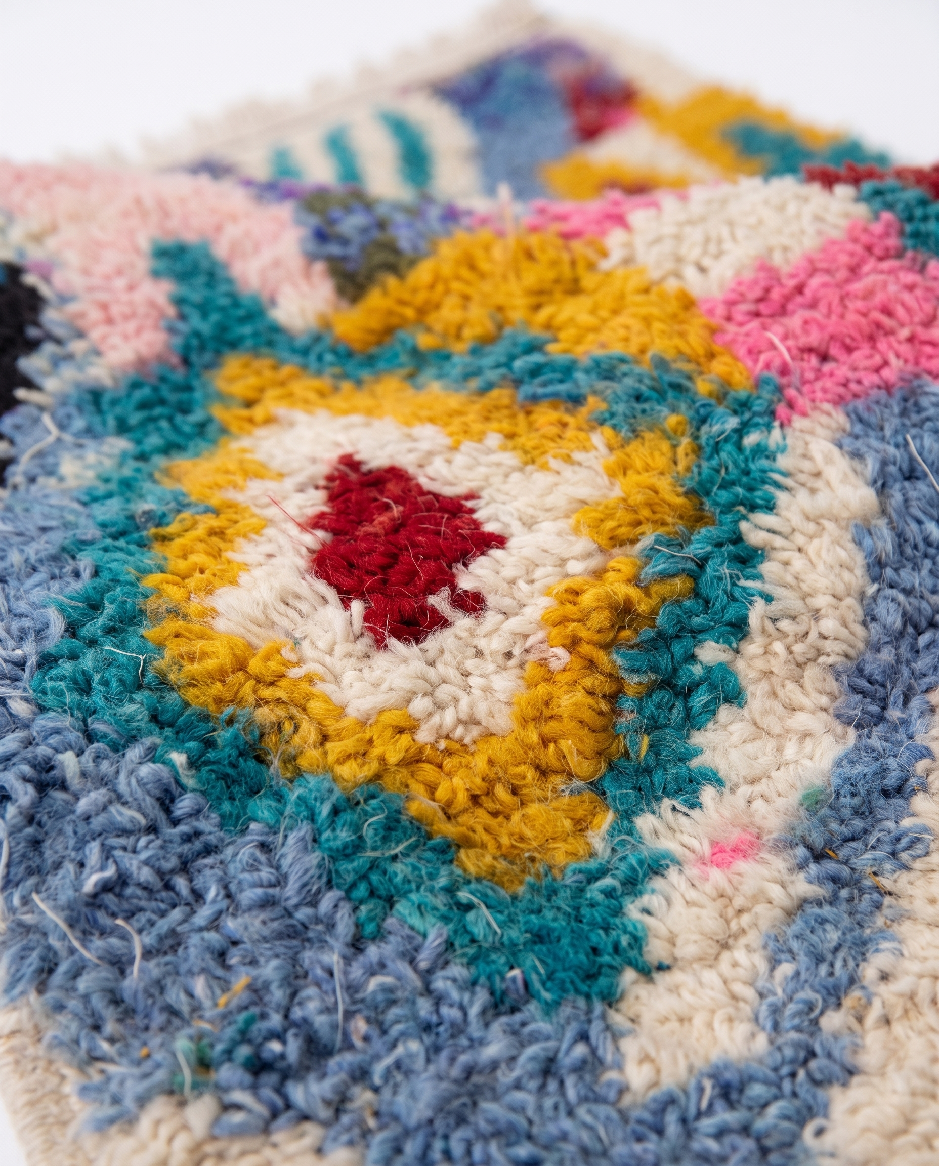 Kaleidoscope Boujaad rug wool pile texture close-up on white studio background