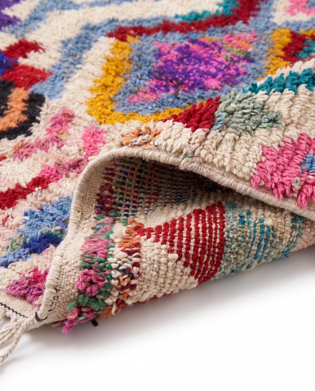 Kaleidoscope Boujaad rug folded corner on white studio background