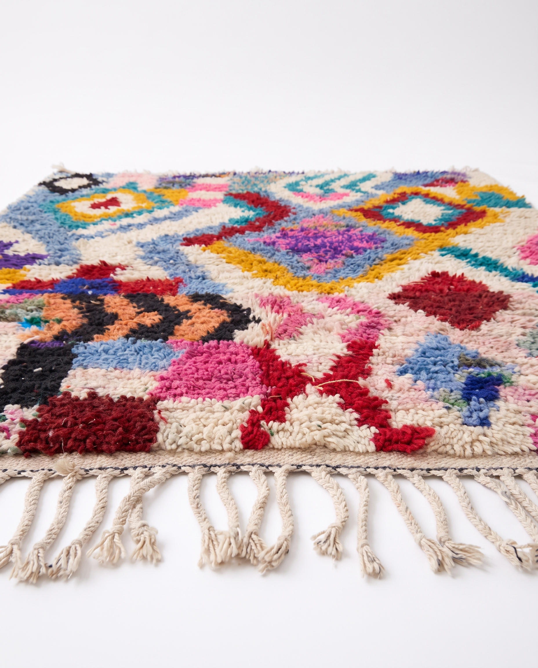 Kaleidoscope Boujaad rug side view on white studio background