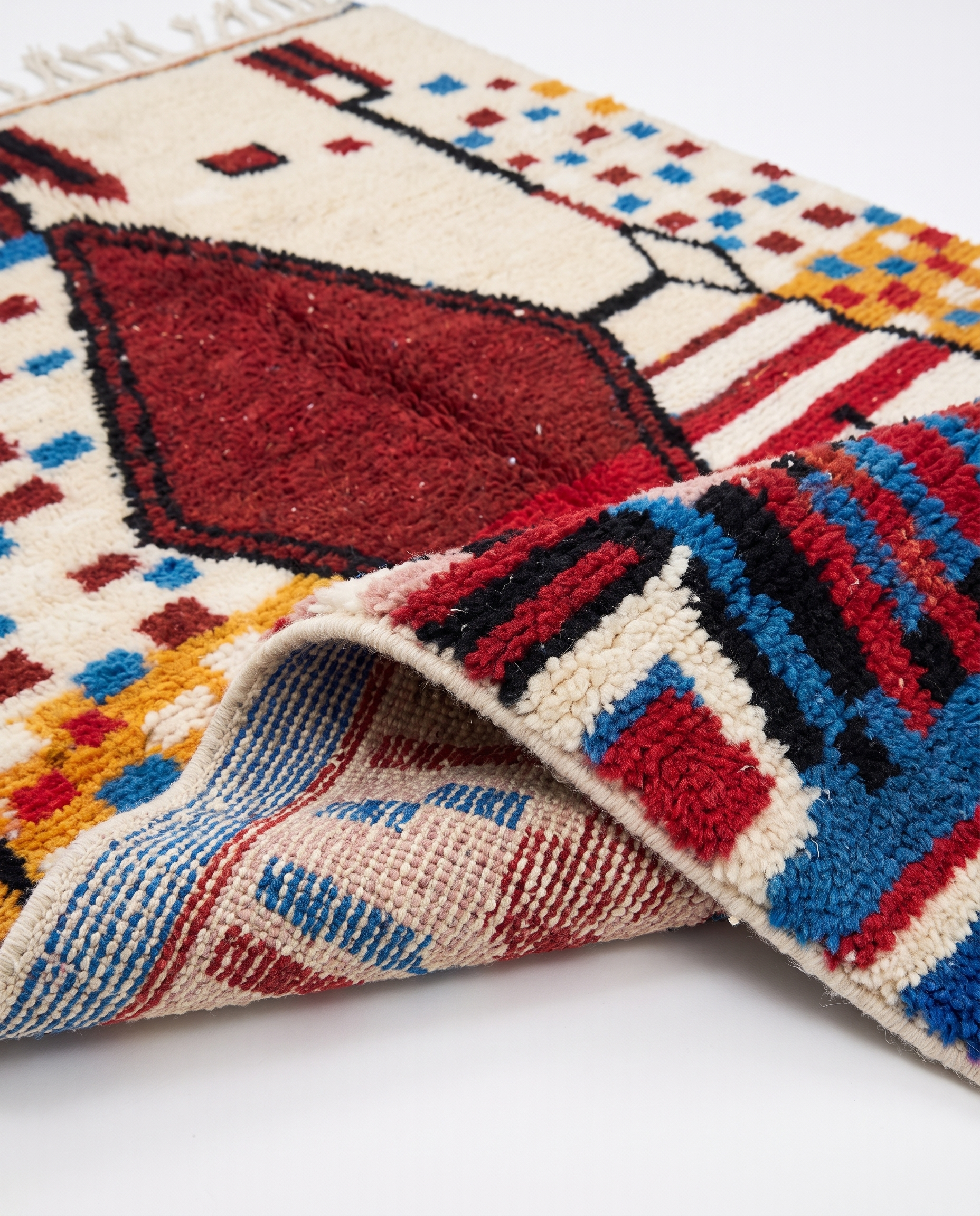 Garnet diamond Boujaad rug folded corner on white studio background