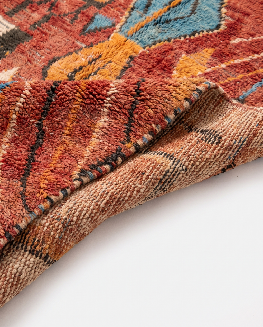 Rust and amber Boujaad rug folded corner on white studio background