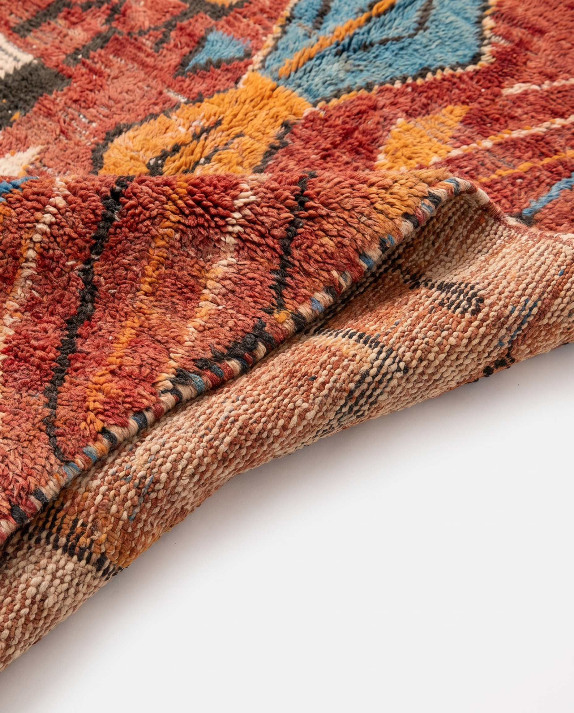 Rust and amber Boujaad rug folded corner on white studio background