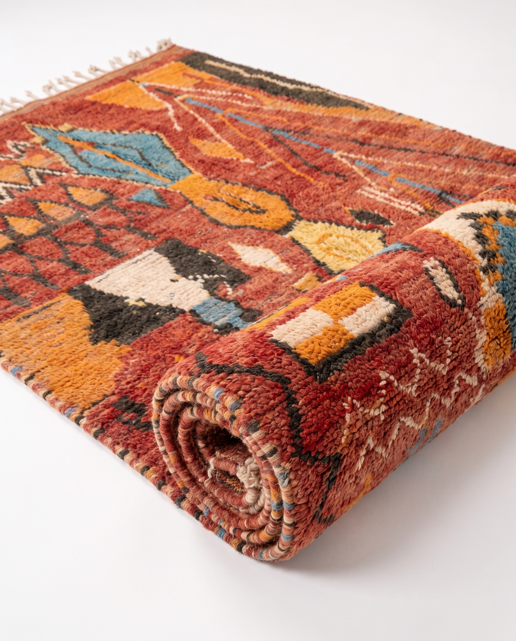 Rust and amber Boujaad rug half-rolled on white studio background