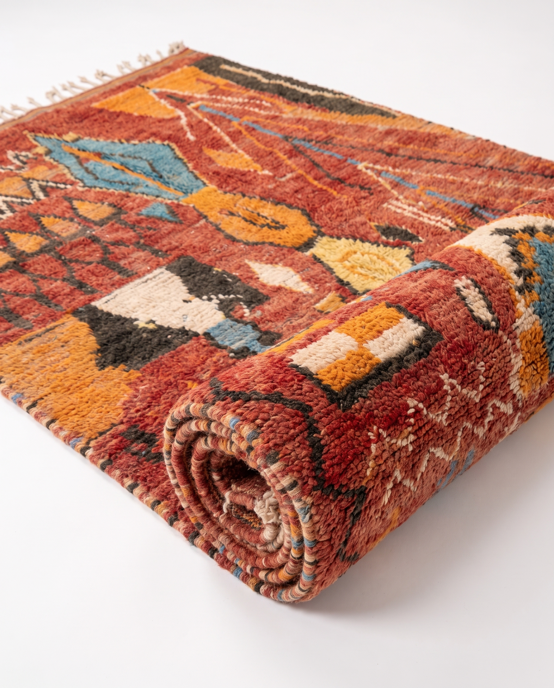 Rust and amber Boujaad rug half-rolled on white studio background