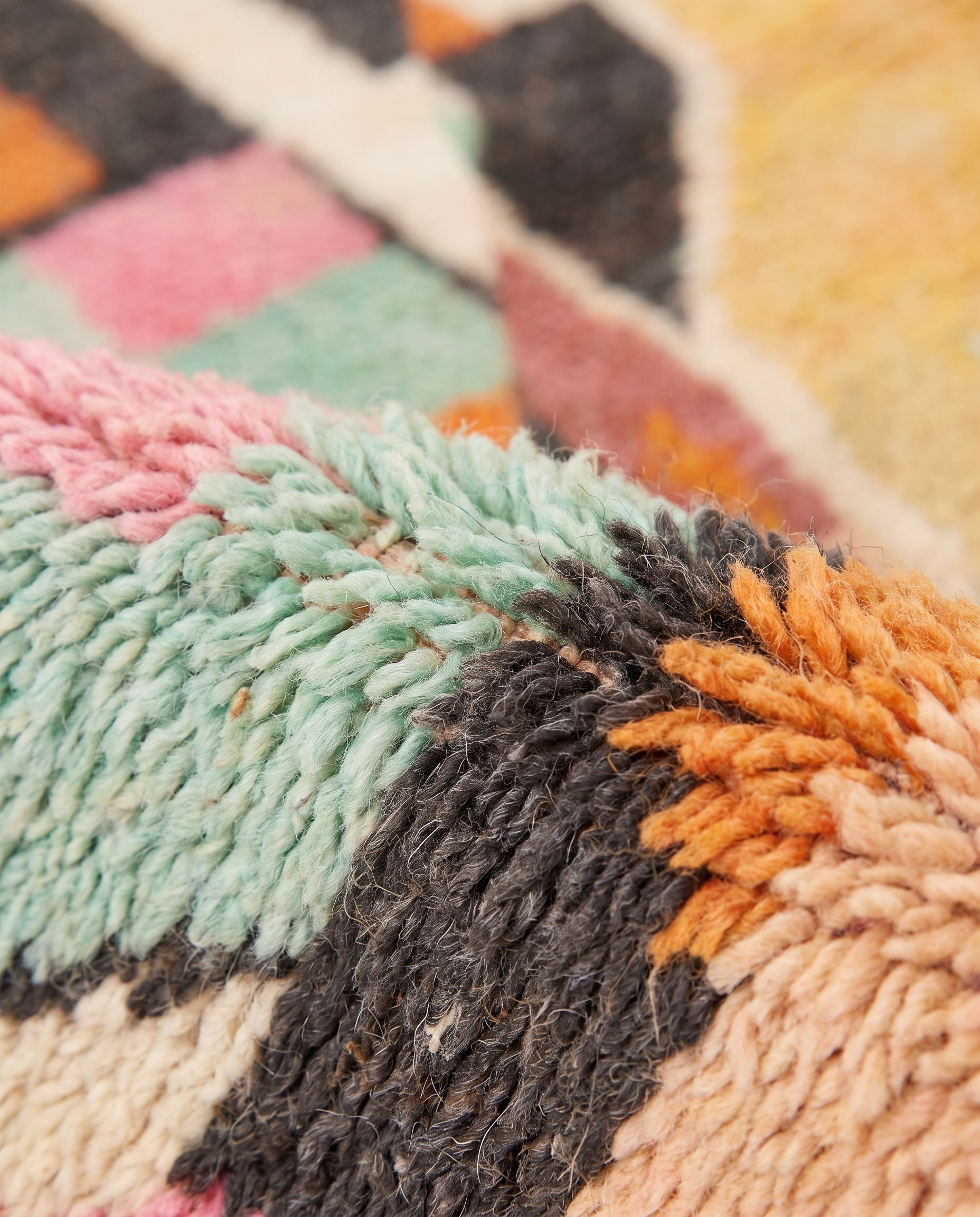 Apricot patchwork Boujaad rug wool pile texture close-up on white studio background