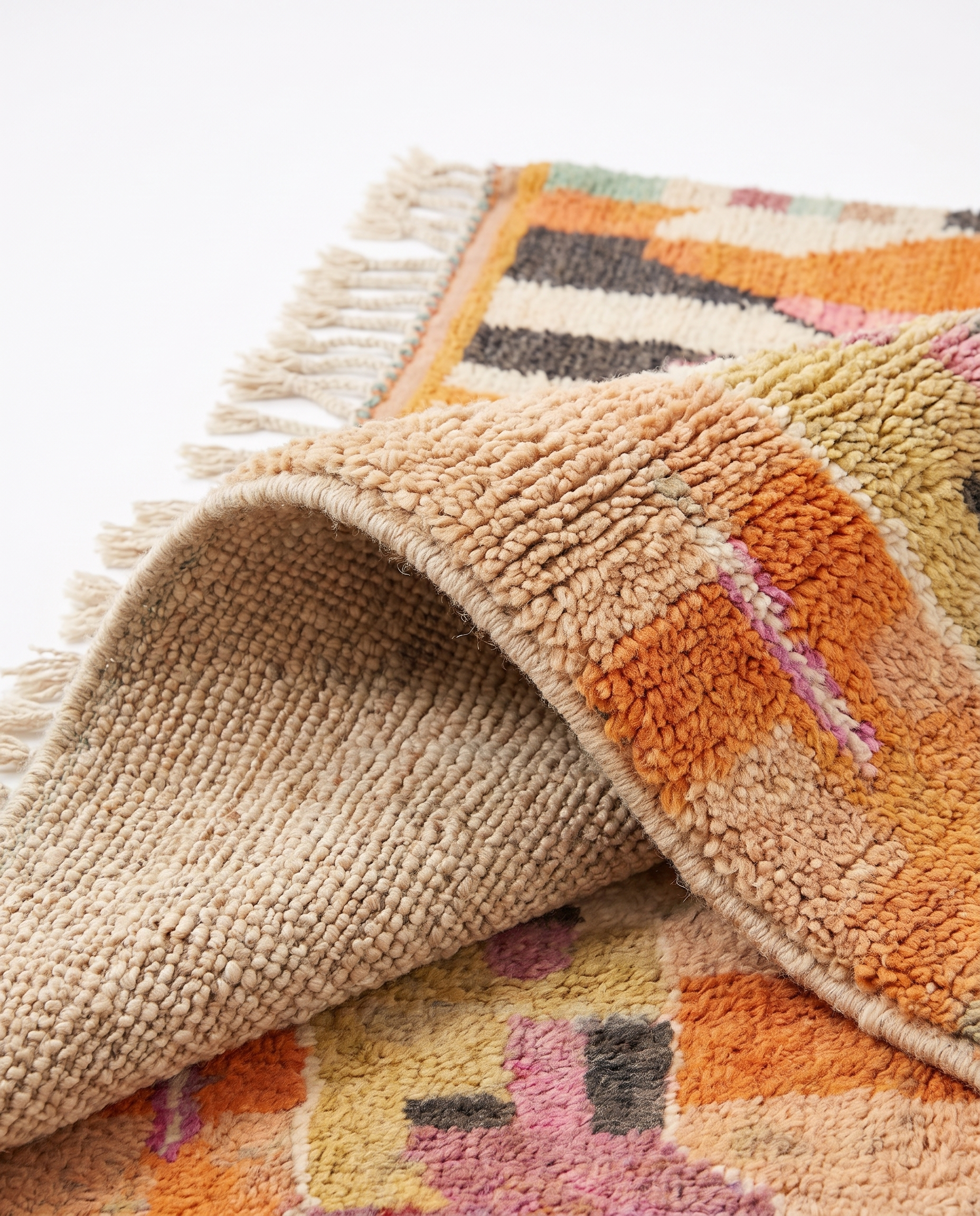 Apricot patchwork Boujaad rug folded corner on white studio background