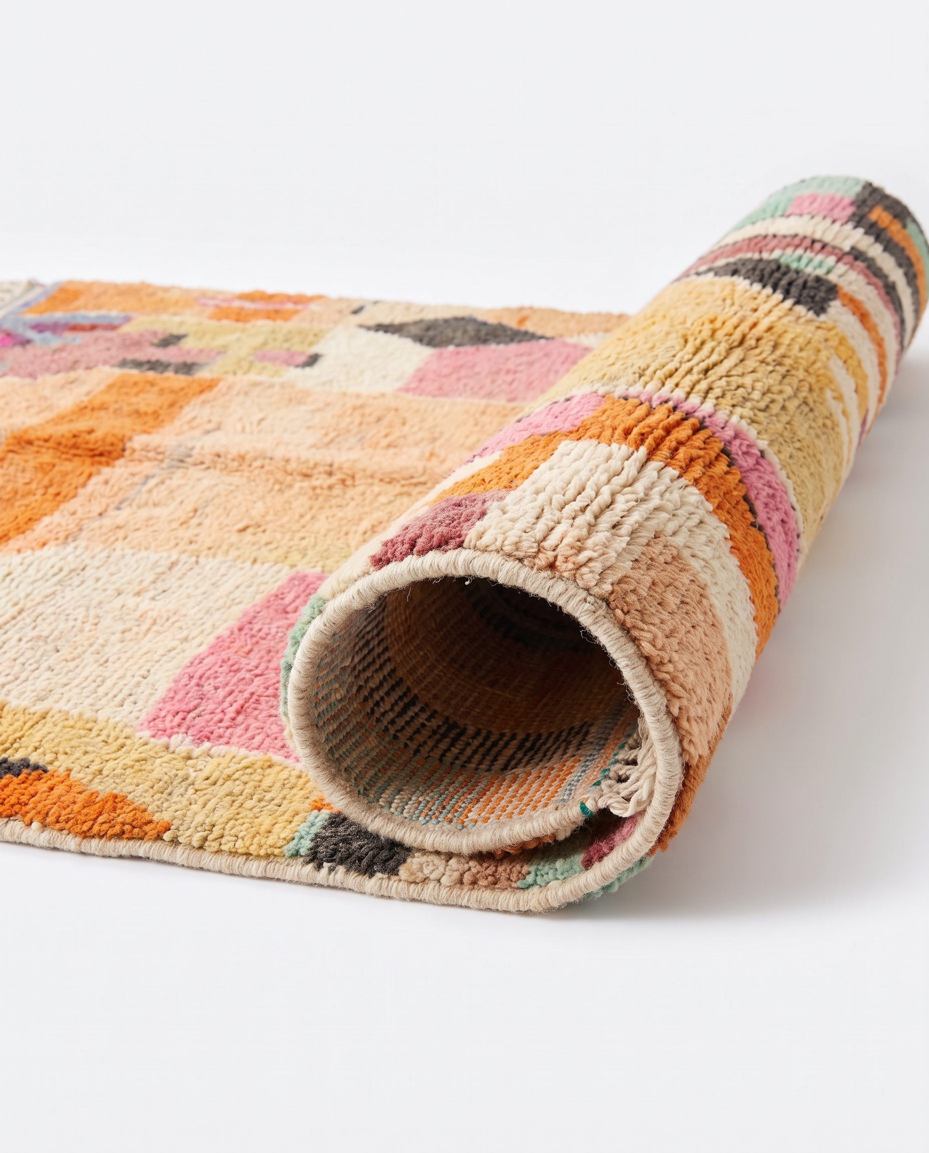 Apricot patchwork Boujaad rug half-rolled on white studio background