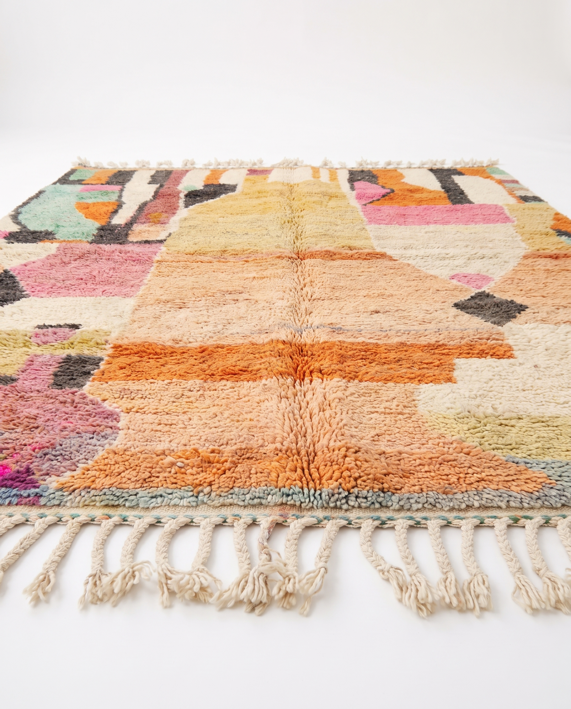 Apricot patchwork Boujaad rug side view on white studio background