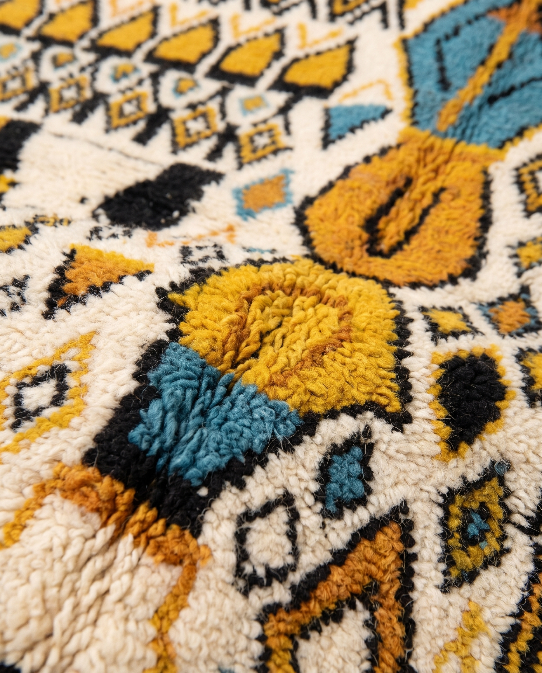 Mustard and teal Boujaad rug wool pile texture close-up on white studio background