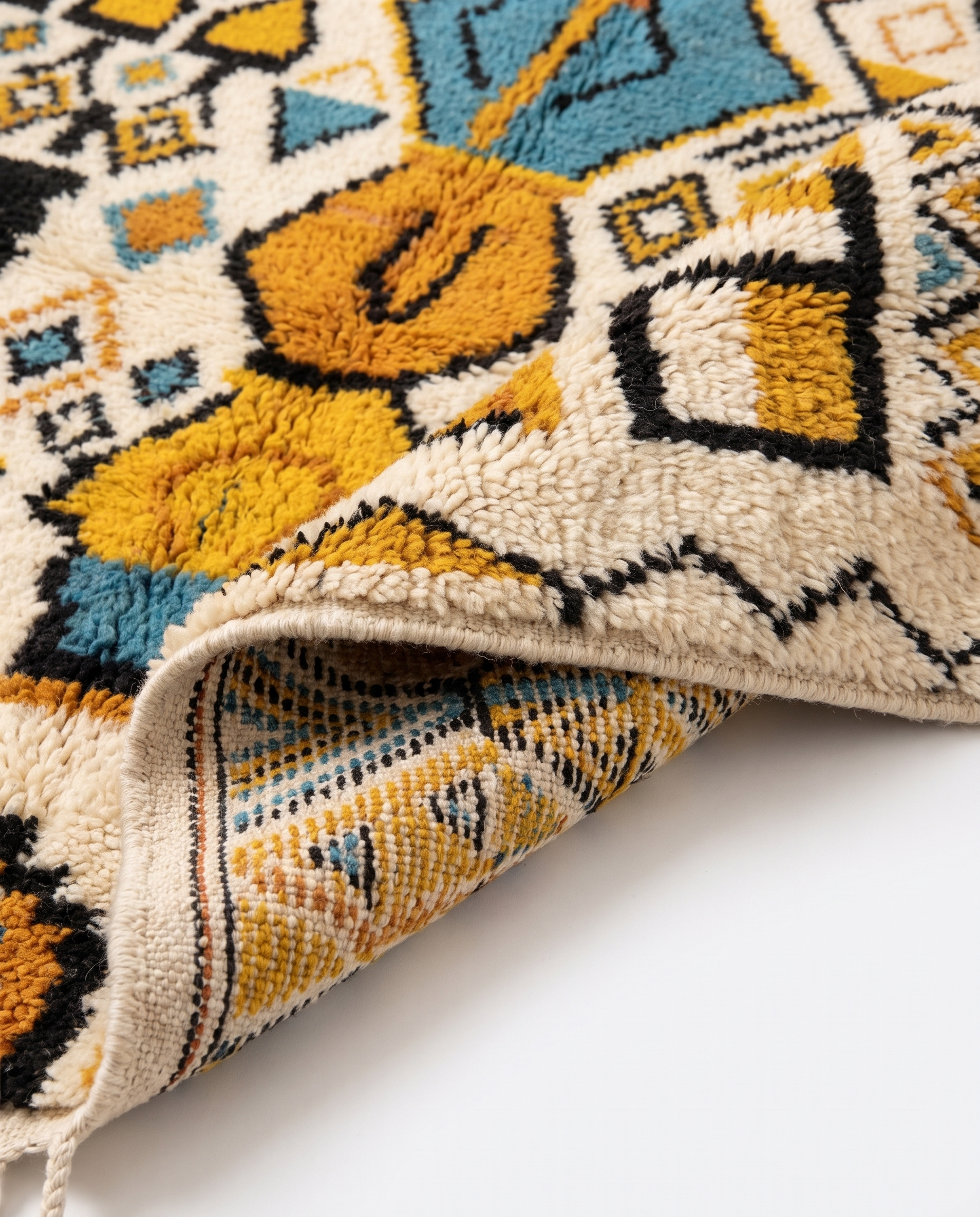 Mustard and teal Boujaad rug folded corner on white studio background
