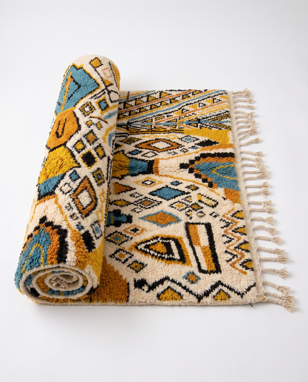 Mustard and teal Boujaad rug half-rolled on white studio background
