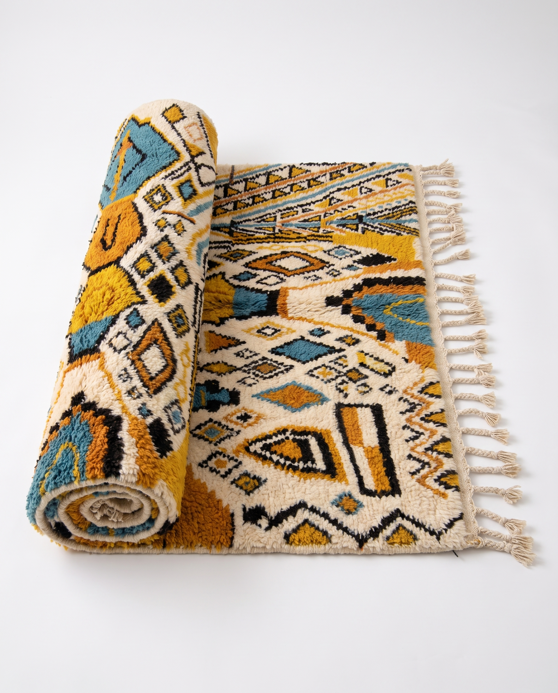 Mustard and teal Boujaad rug half-rolled on white studio background