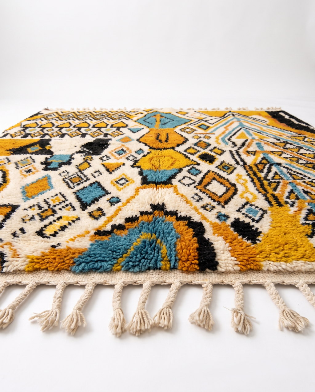 Mustard and teal Boujaad rug side view on white studio background