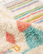 Pastel rainbow Azilal rug wool texture close-up on white studio background