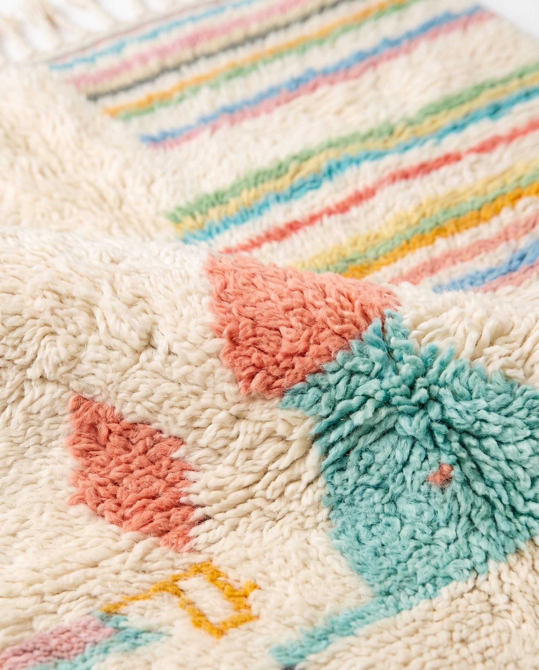 Pastel rainbow Azilal rug wool texture close-up on white studio background