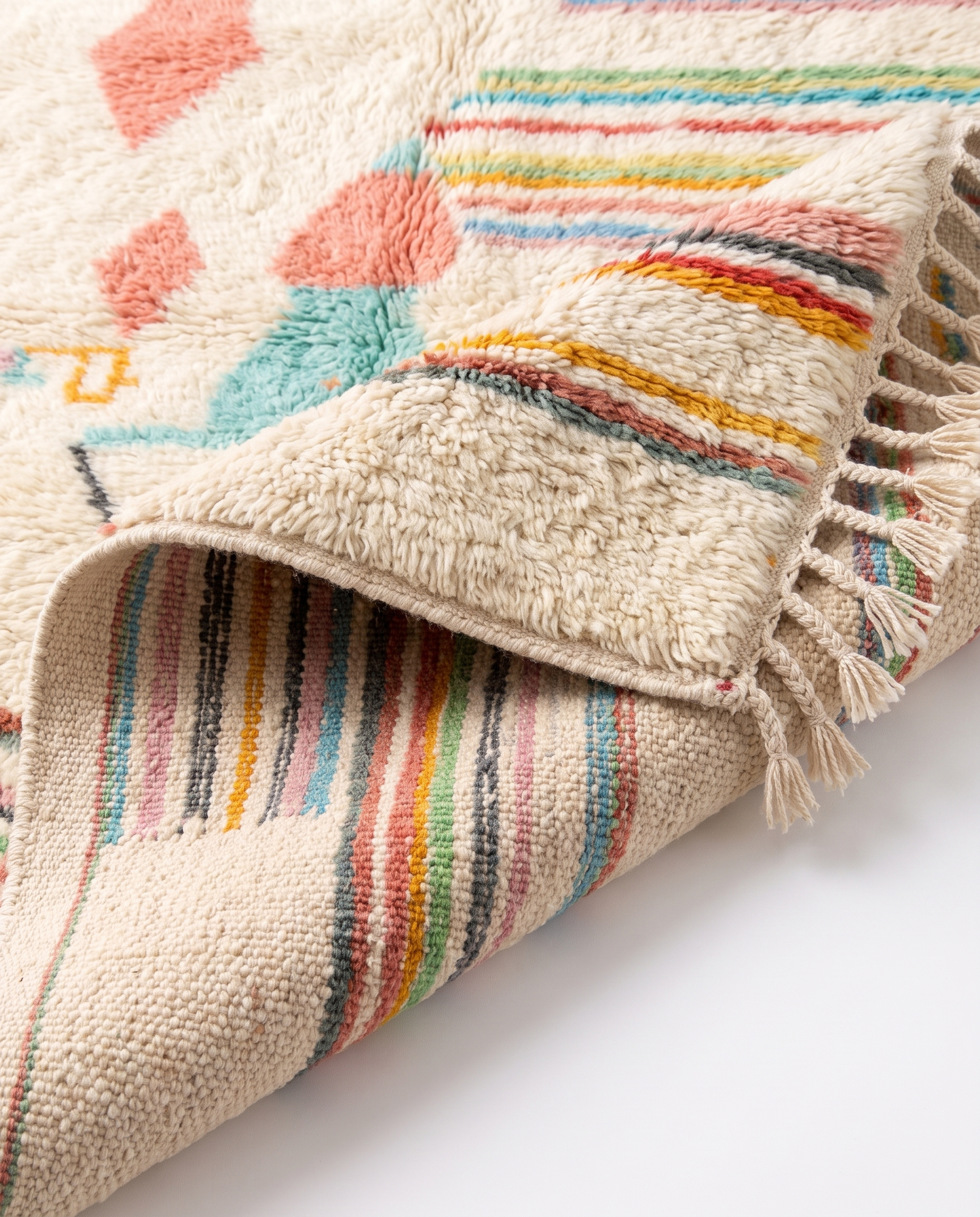 Pastel rainbow Azilal rug folded corner on white studio background