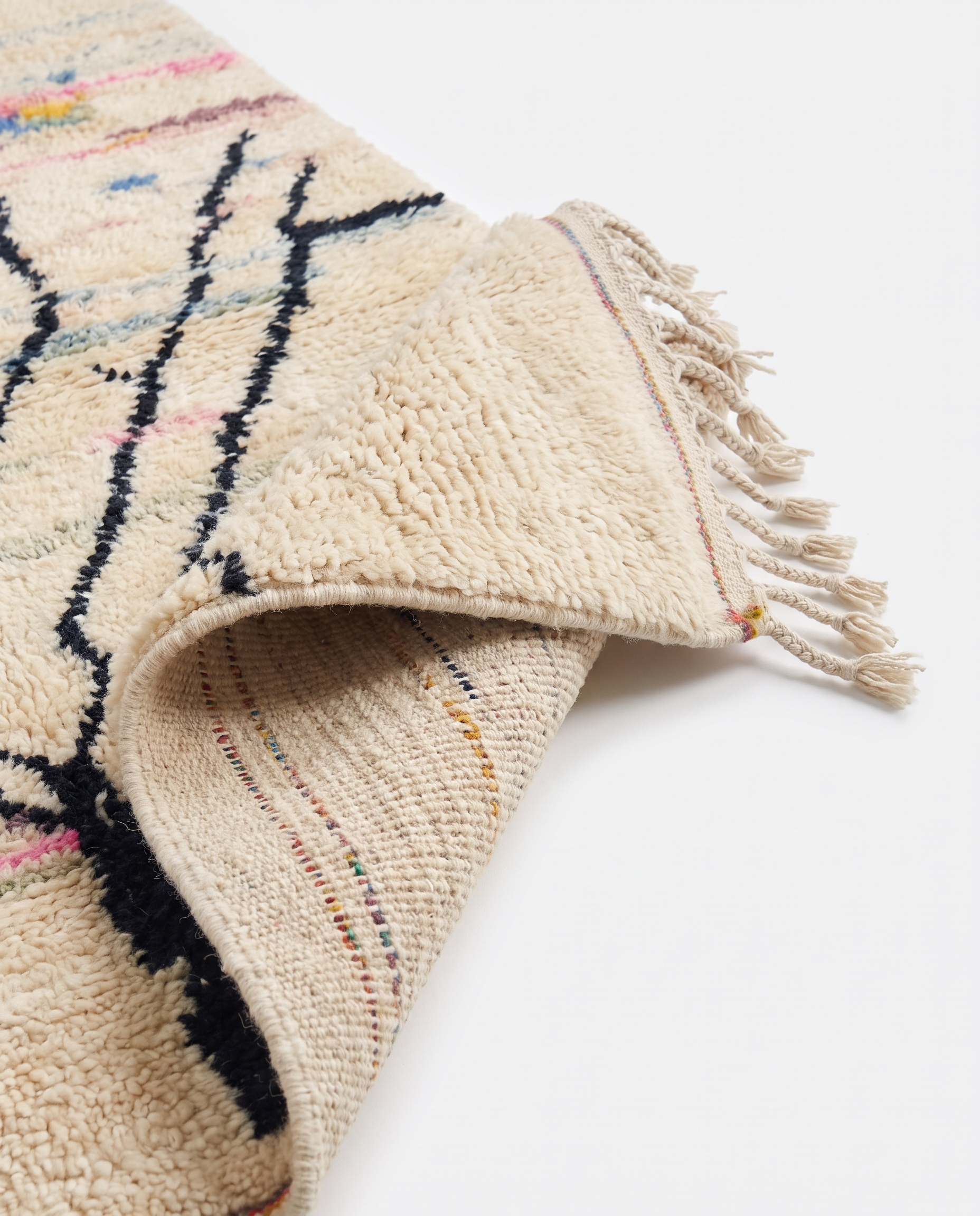 Atlas roots Azilal rug folded corner on white studio background
