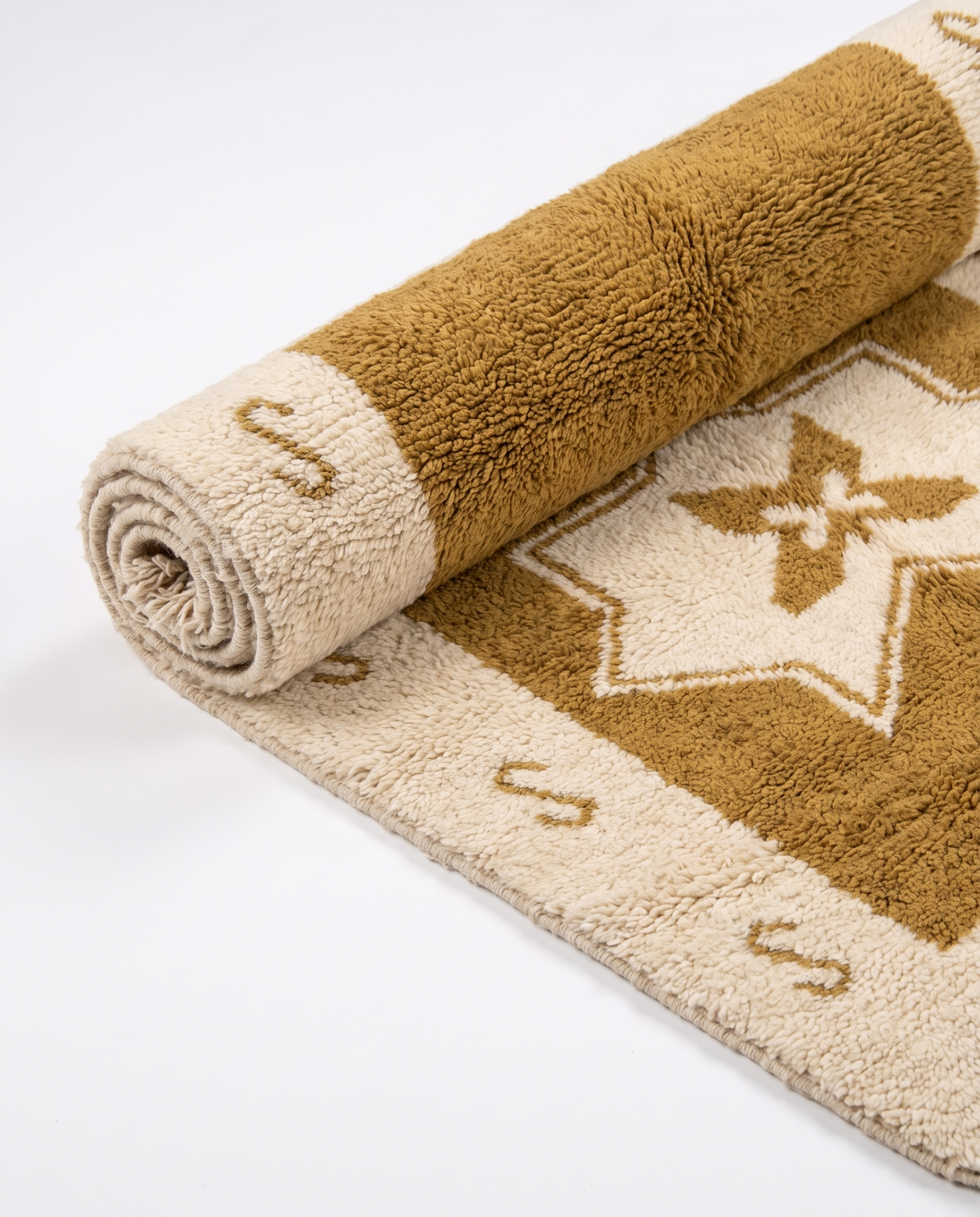 Ochre star Azilal rug half-rolled on white studio background
