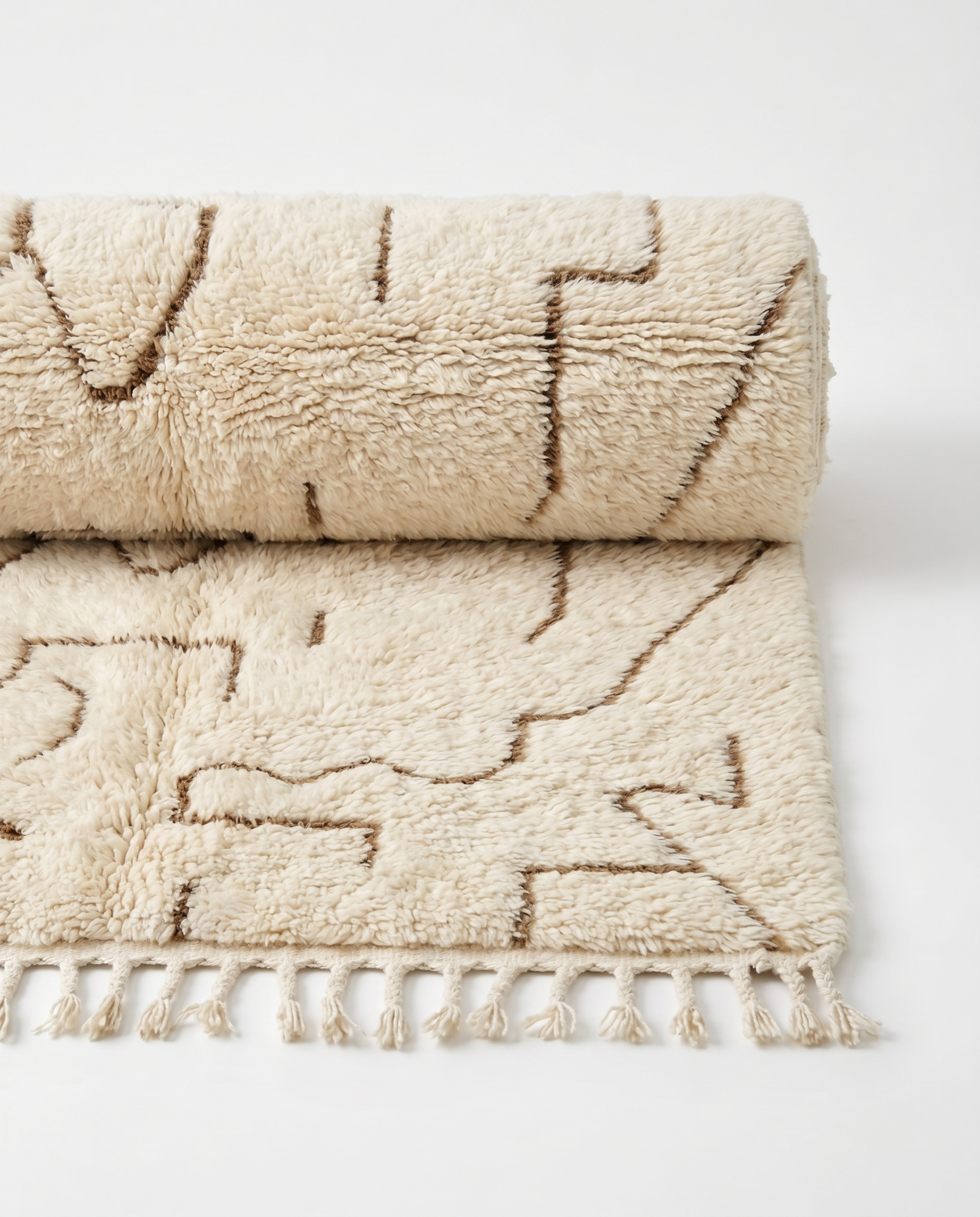 Desert lines Azilal rug half-rolled on white studio background