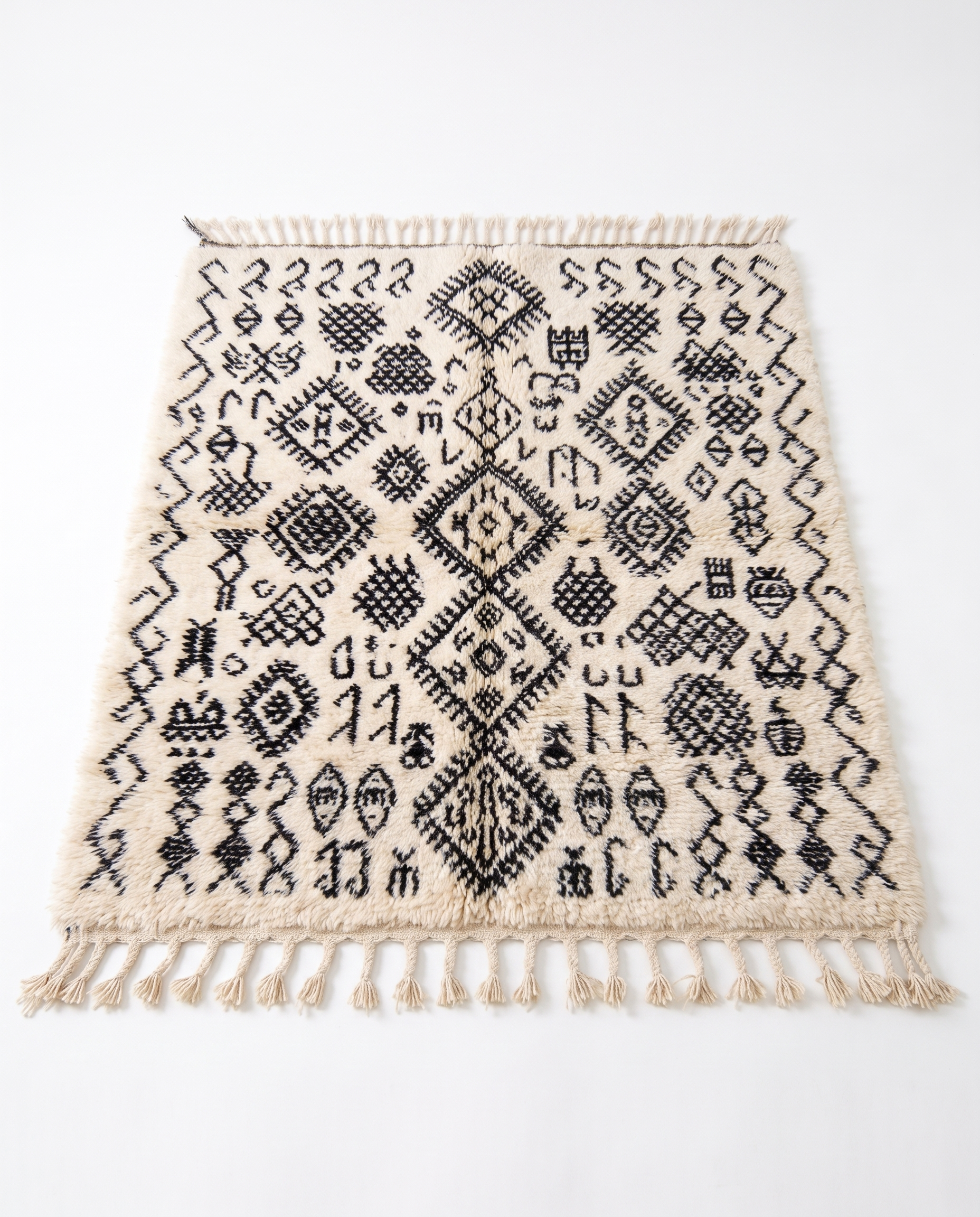 Berber script Azilal rug full view at an angle on white studio background