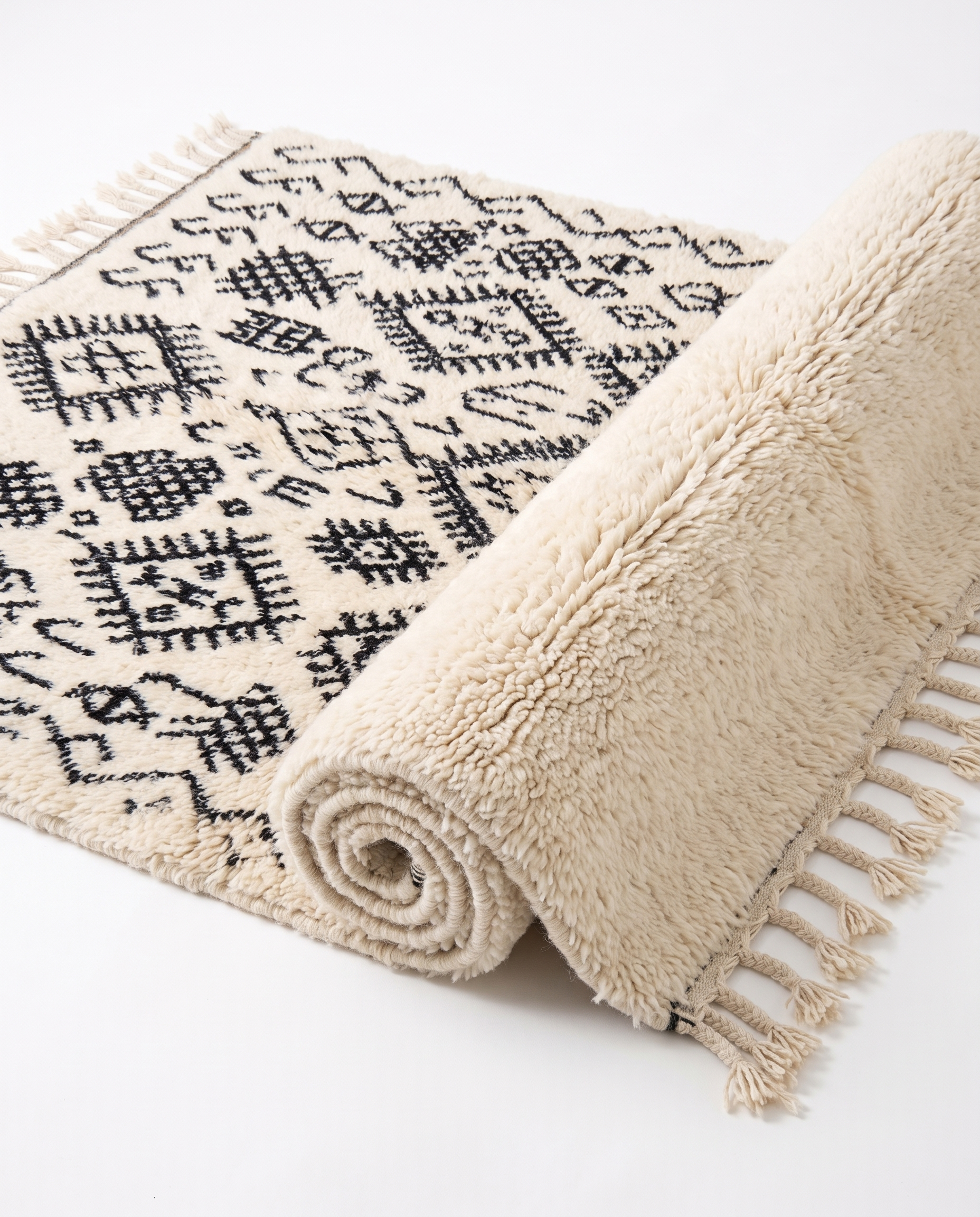 Berber script Azilal rug half-rolled on white studio background