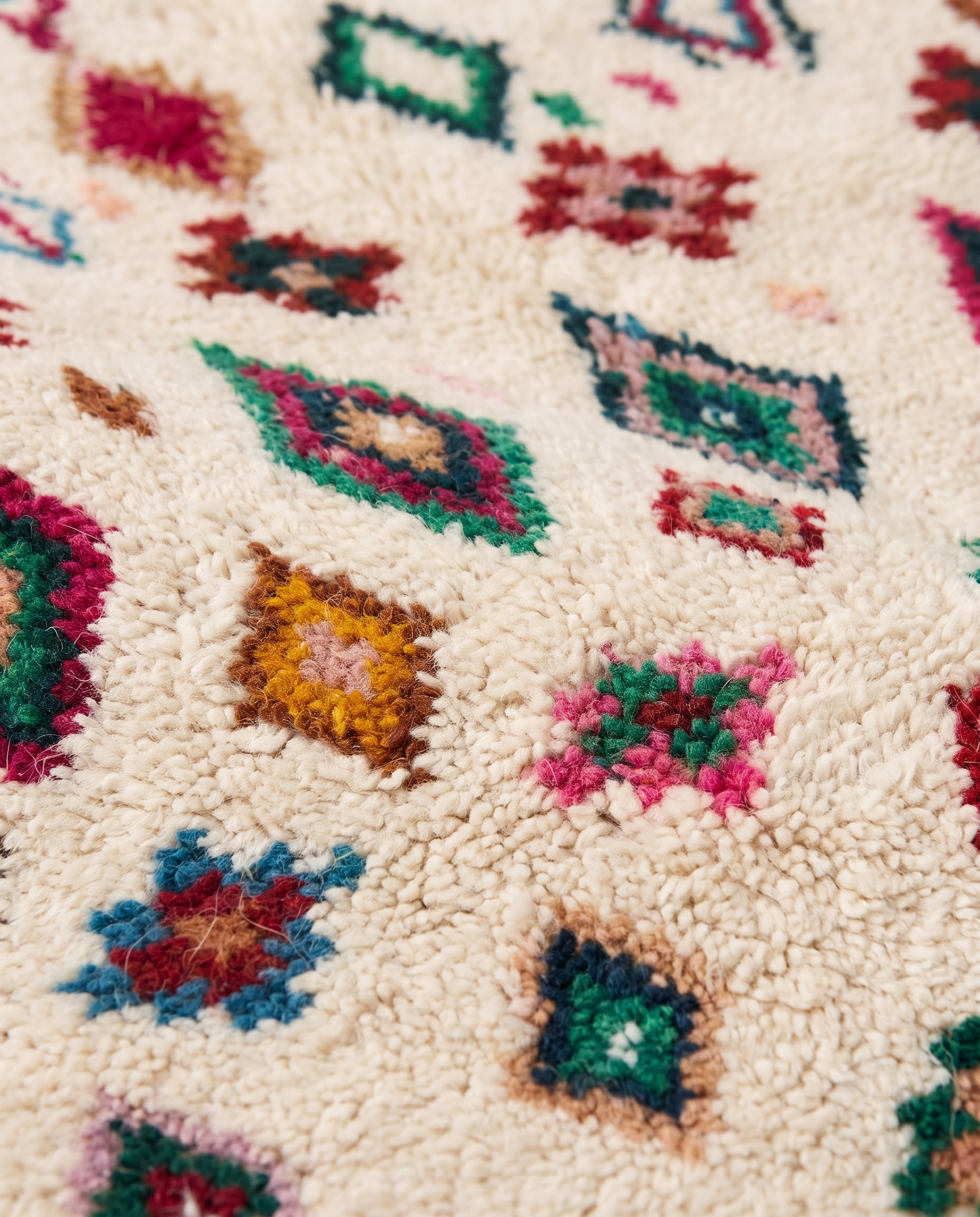 Confetti Diamonds Beni Ourain rug wool texture close-up on white studio background