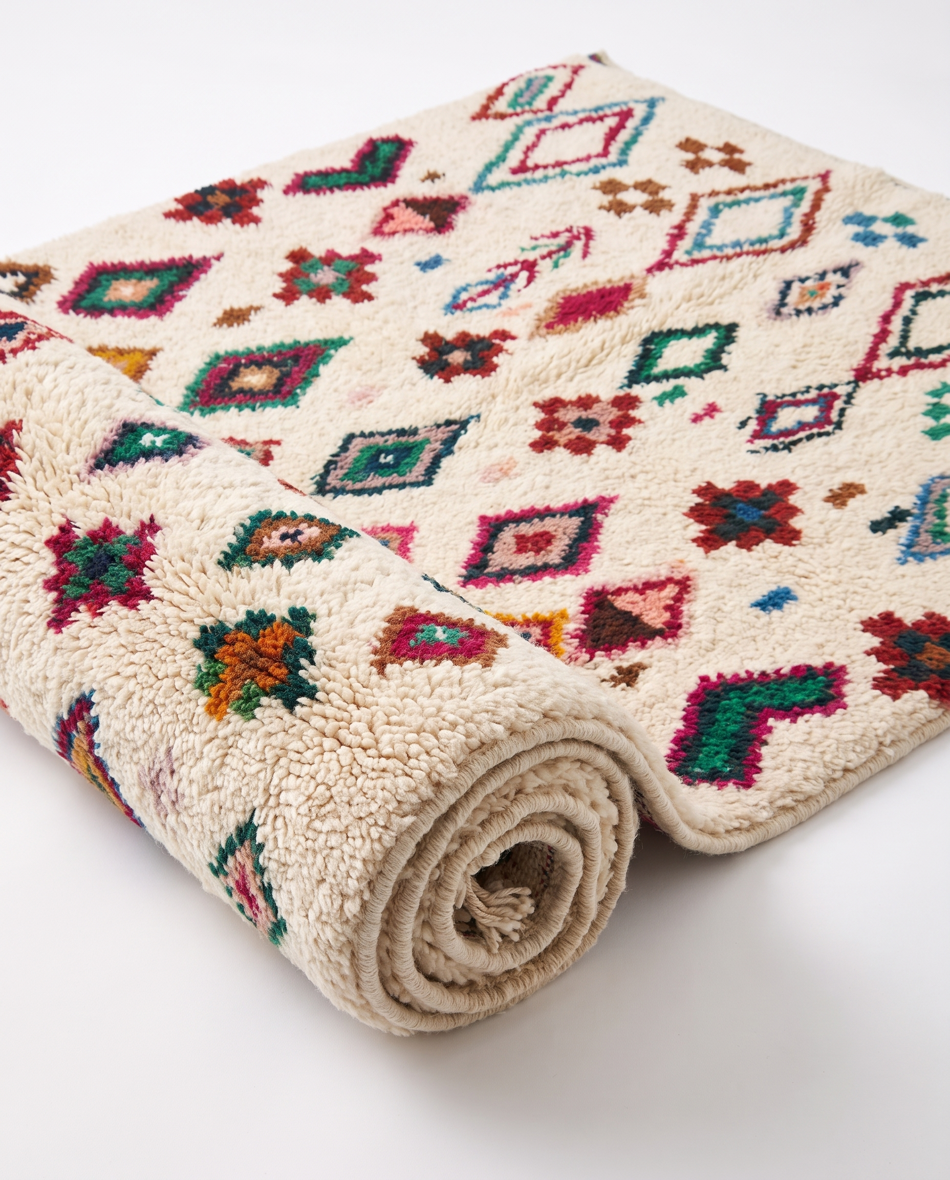 Confetti Diamonds Beni Ourain rug half-rolled on white studio background