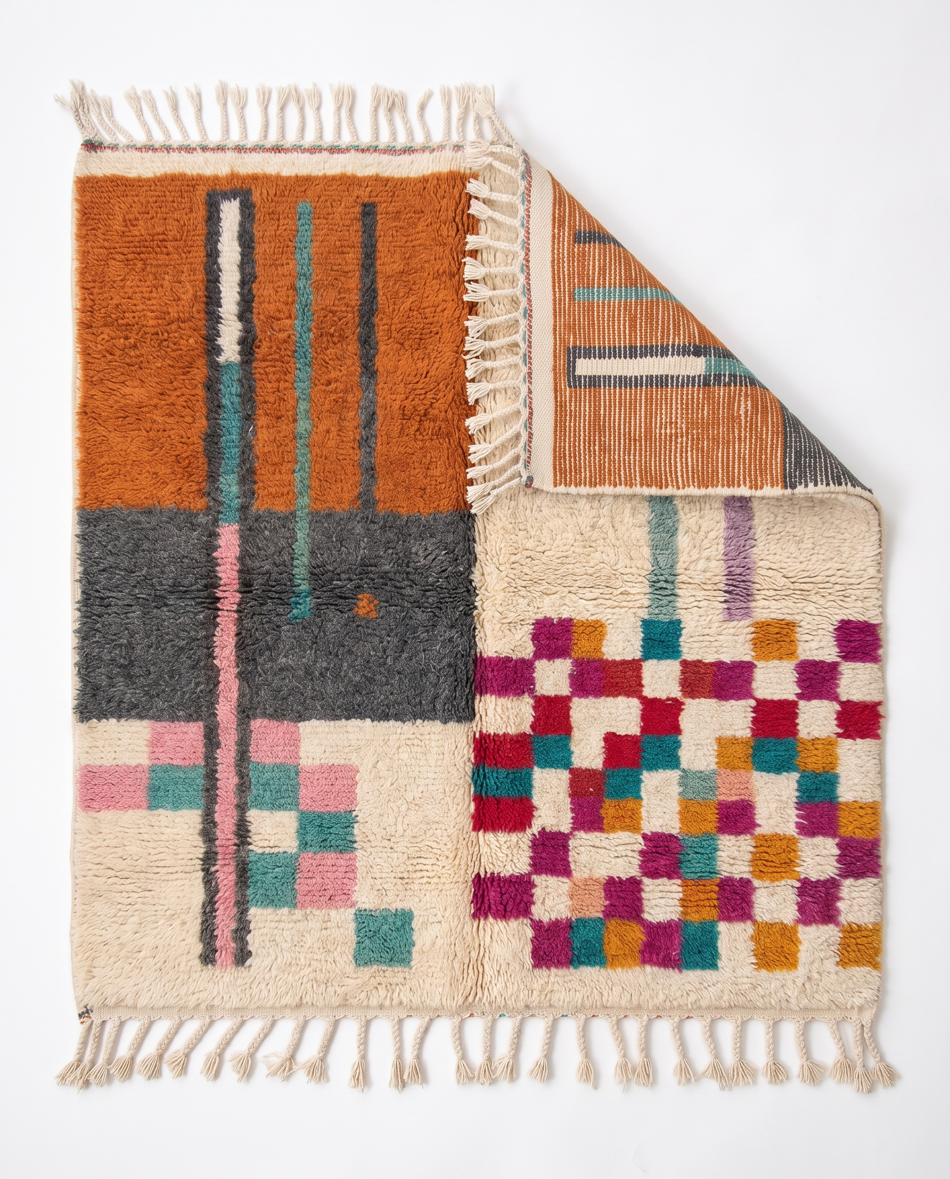 Terracotta Blocks Beni Ourain rug folded corner on white studio background