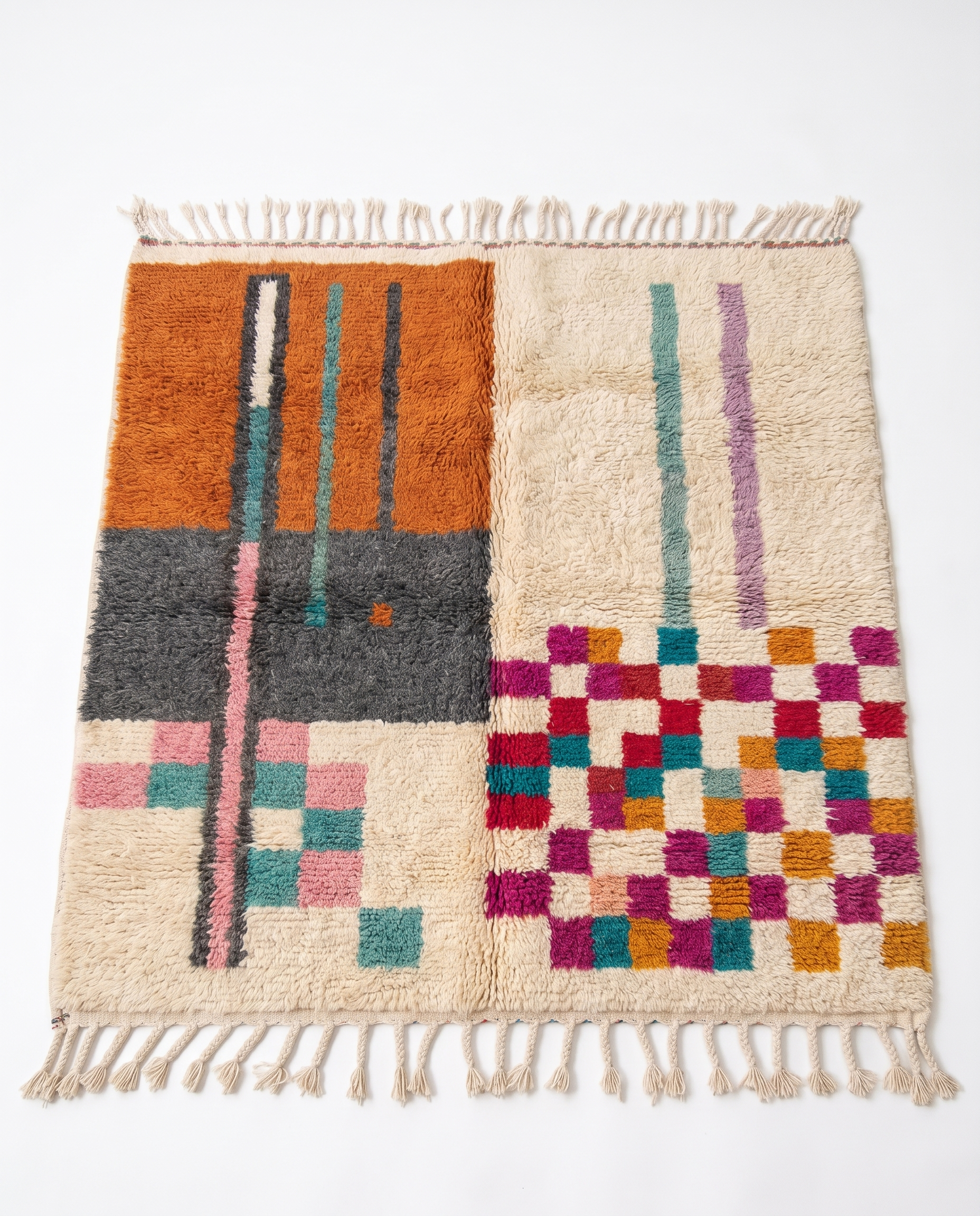 Terracotta Blocks Beni Ourain rug full view at an angle on white studio background