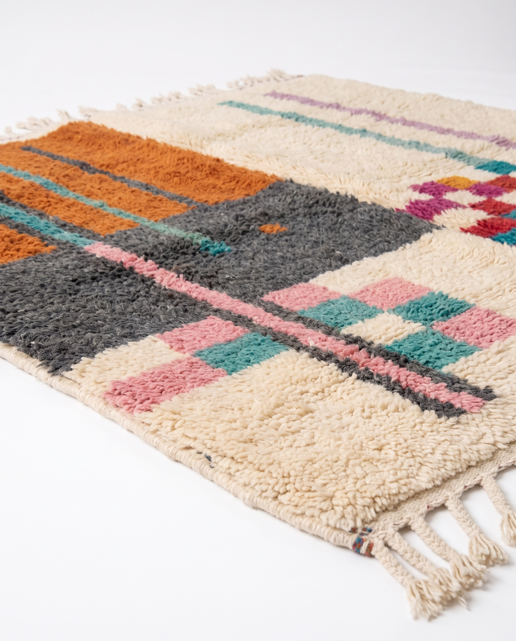 Terracotta Blocks Beni Ourain rug side view on white studio background