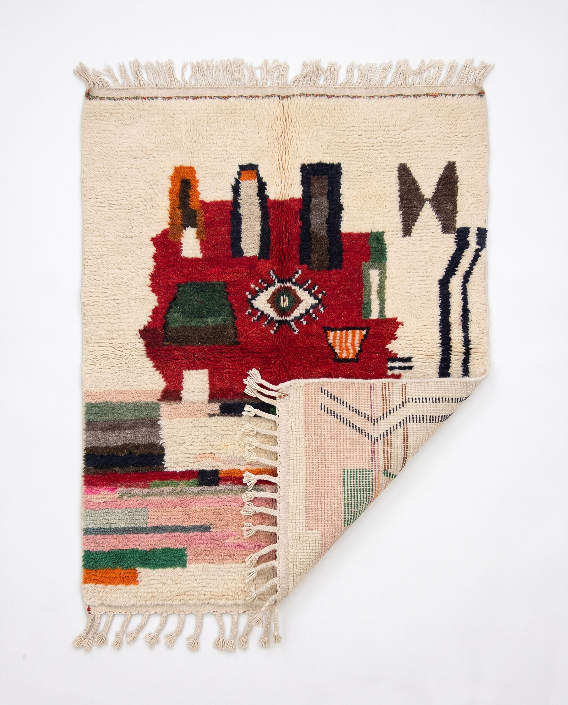 Berber Eye Beni Ourain rug folded corner on white studio background
