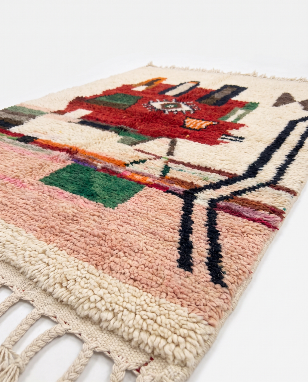 Berber Eye Beni Ourain rug side view on white studio background