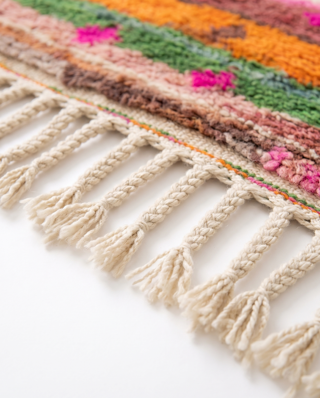 Atlas Bird Beni Ourain rug fringe detail on white studio background