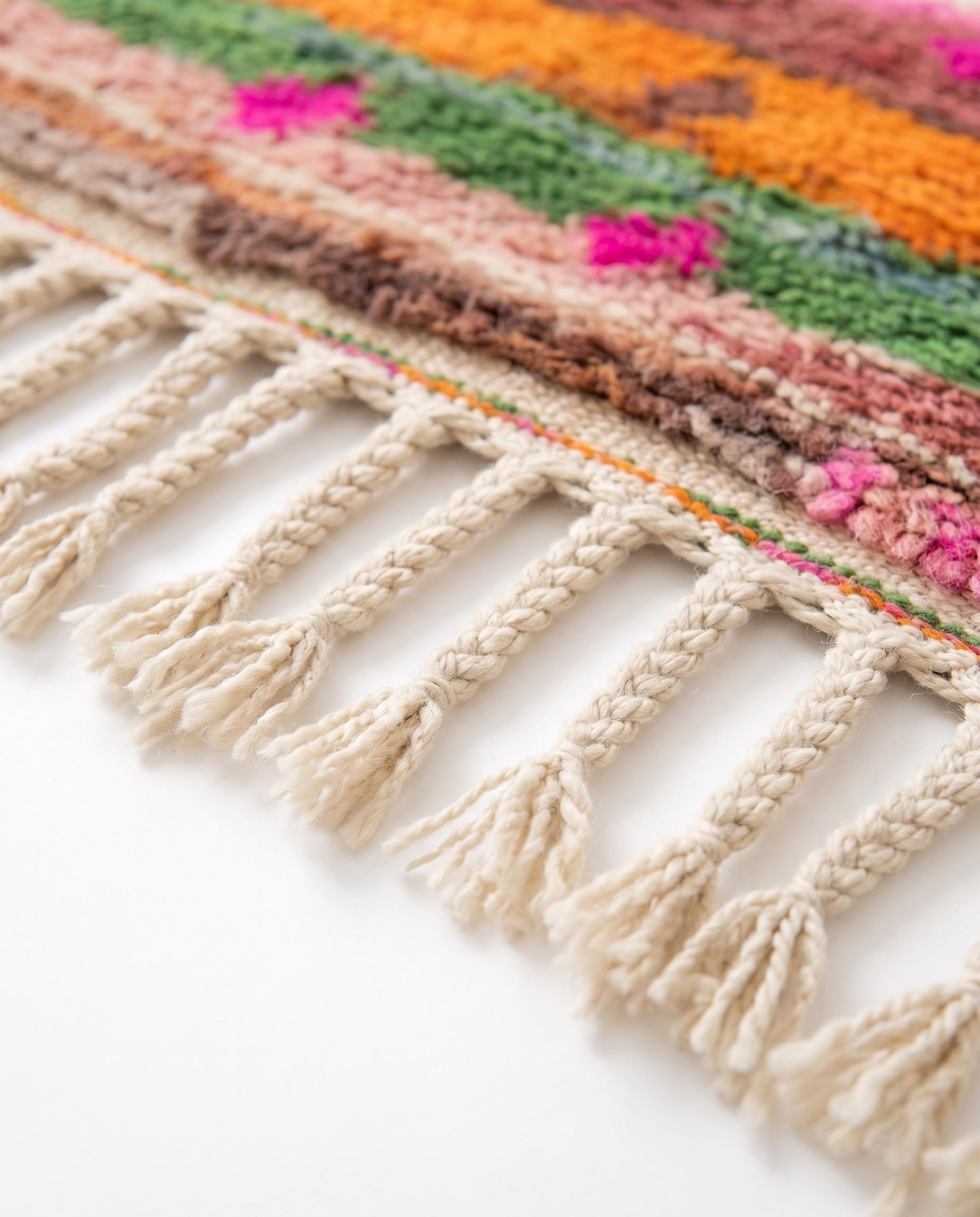 Atlas Bird Beni Ourain rug fringe detail on white studio background