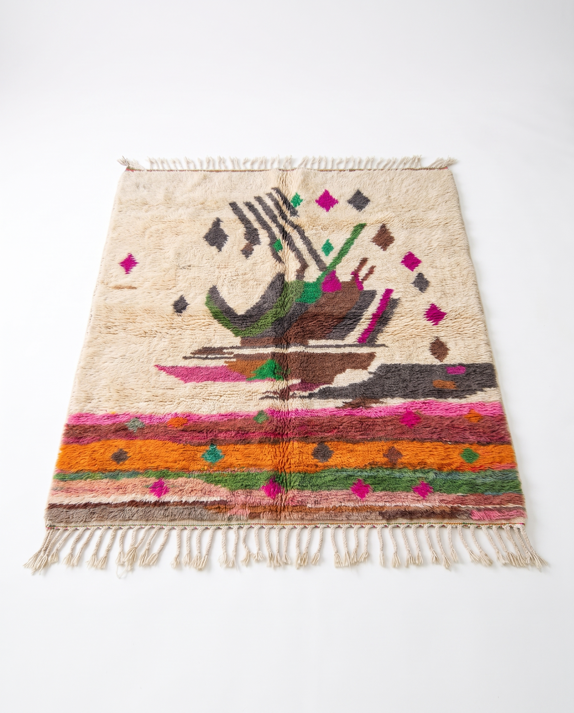 Atlas Bird Beni Ourain rug full view at an angle on white studio background