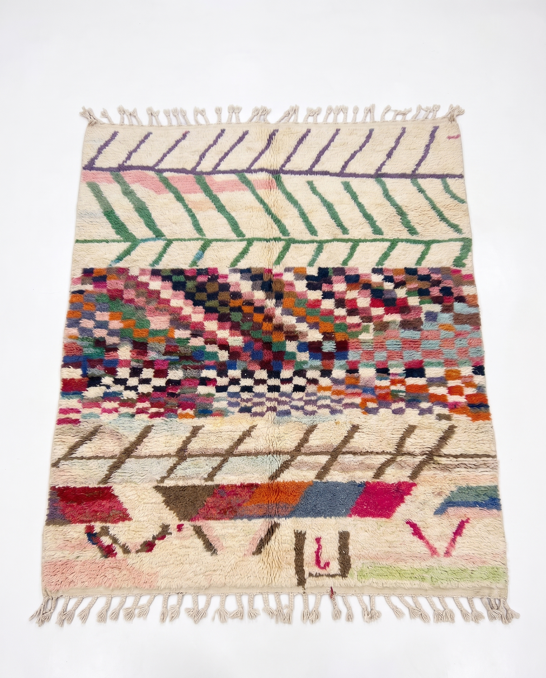 Chevron Mosaic Beni Ourain rug full view at an angle on white studio background