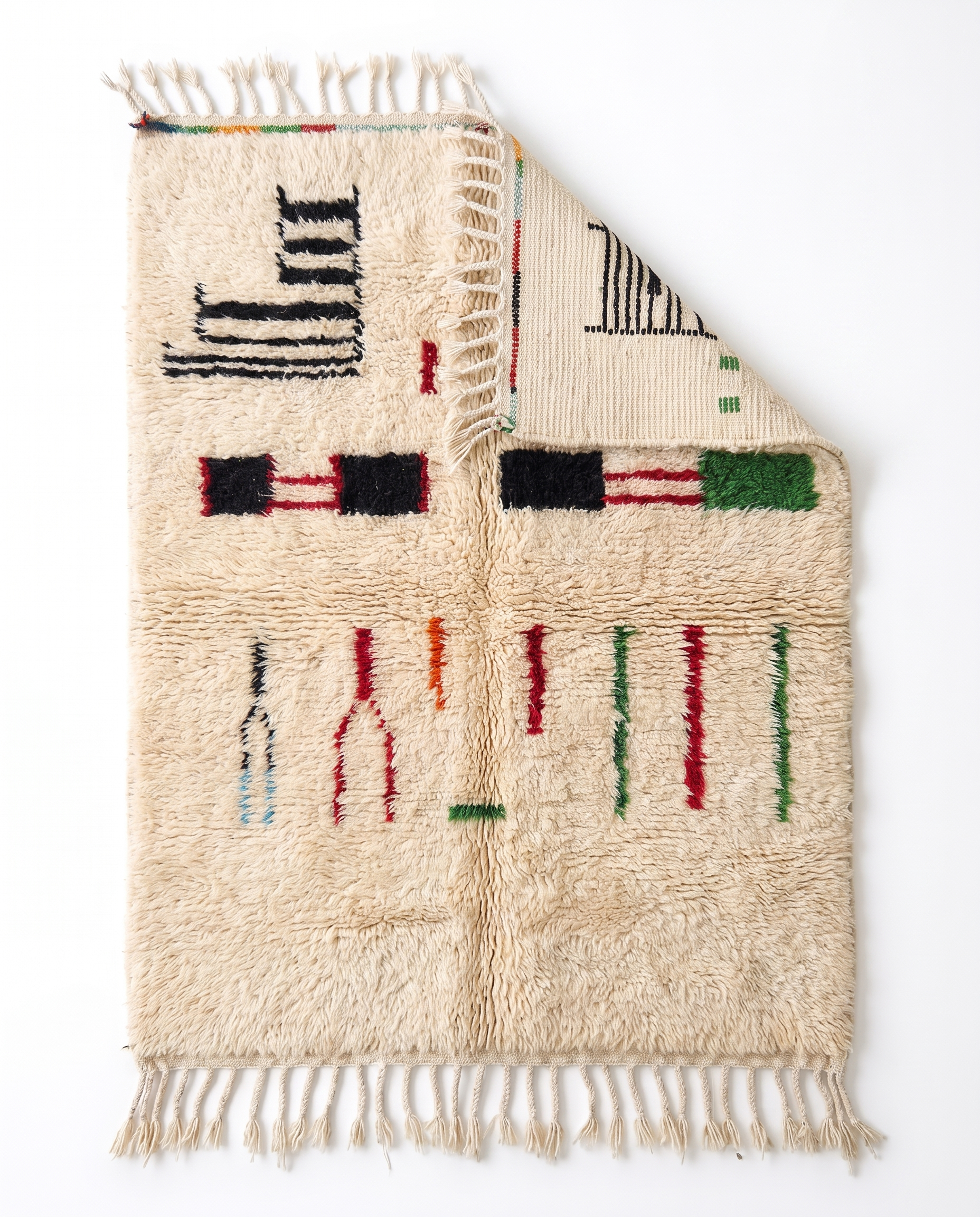 Village Signs Beni Ourain rug folded corner on white studio background
