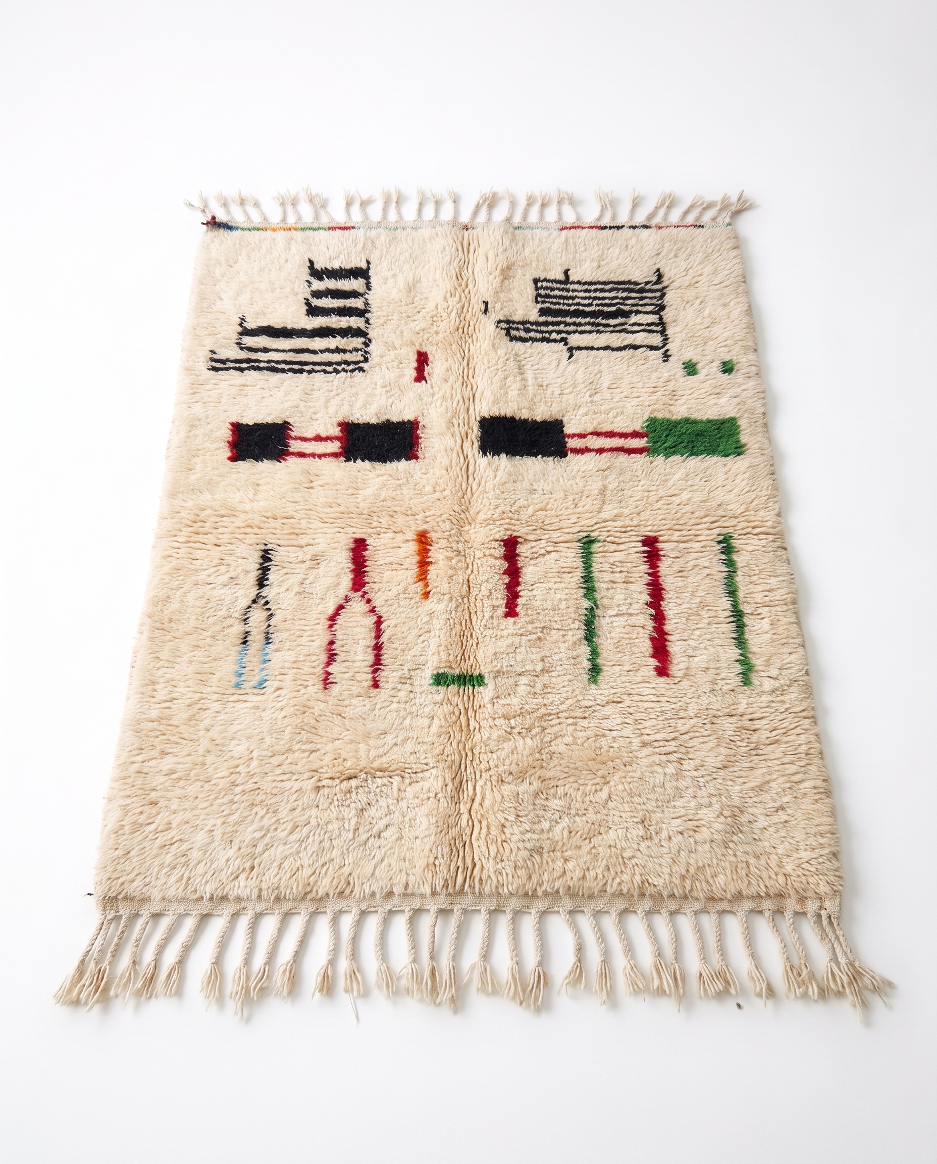 Village Signs Beni Ourain rug full view at an angle on white studio background