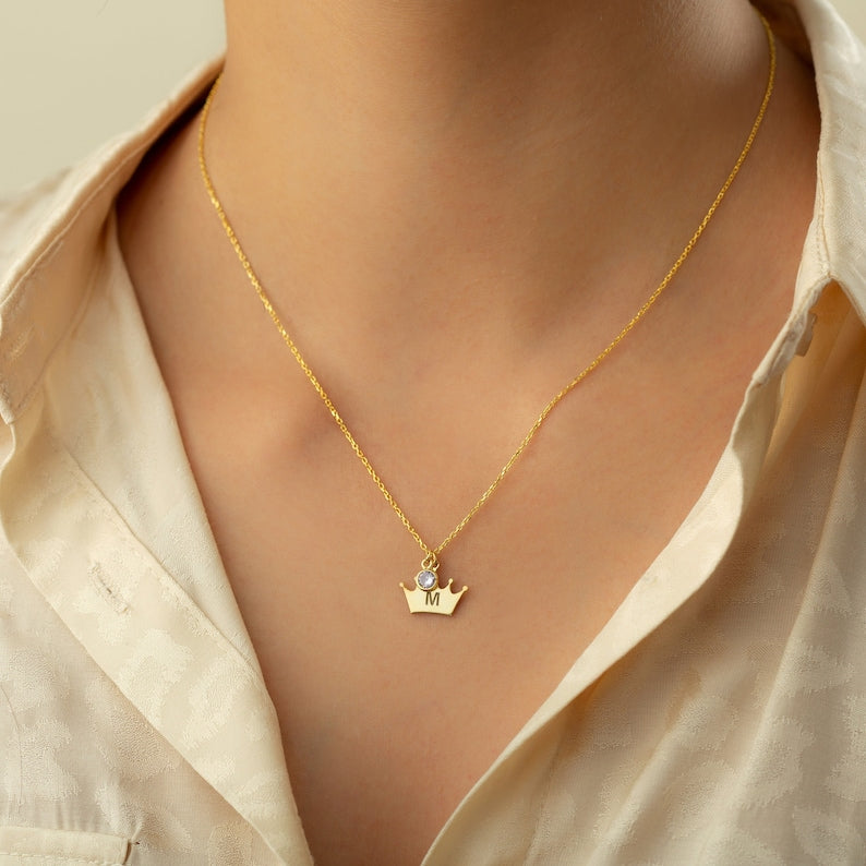 Initial Birthstone Crown Necklace