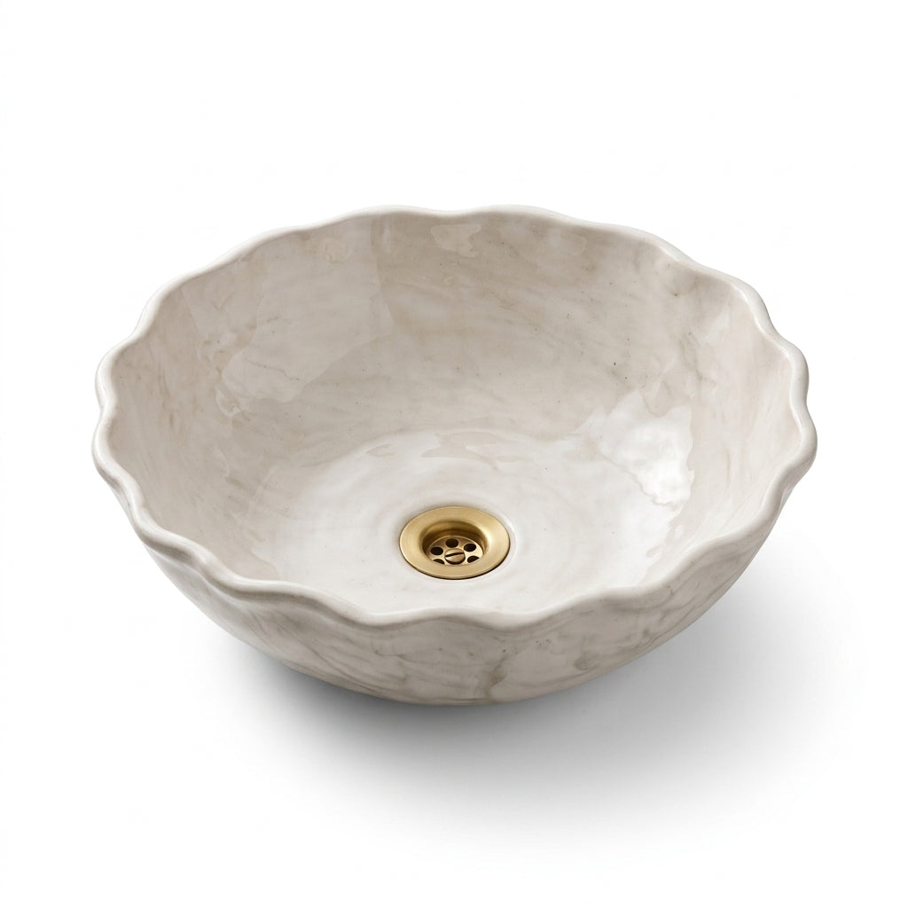 Ivory Shell Moroccan ceramic sink - studio view of scalloped basin