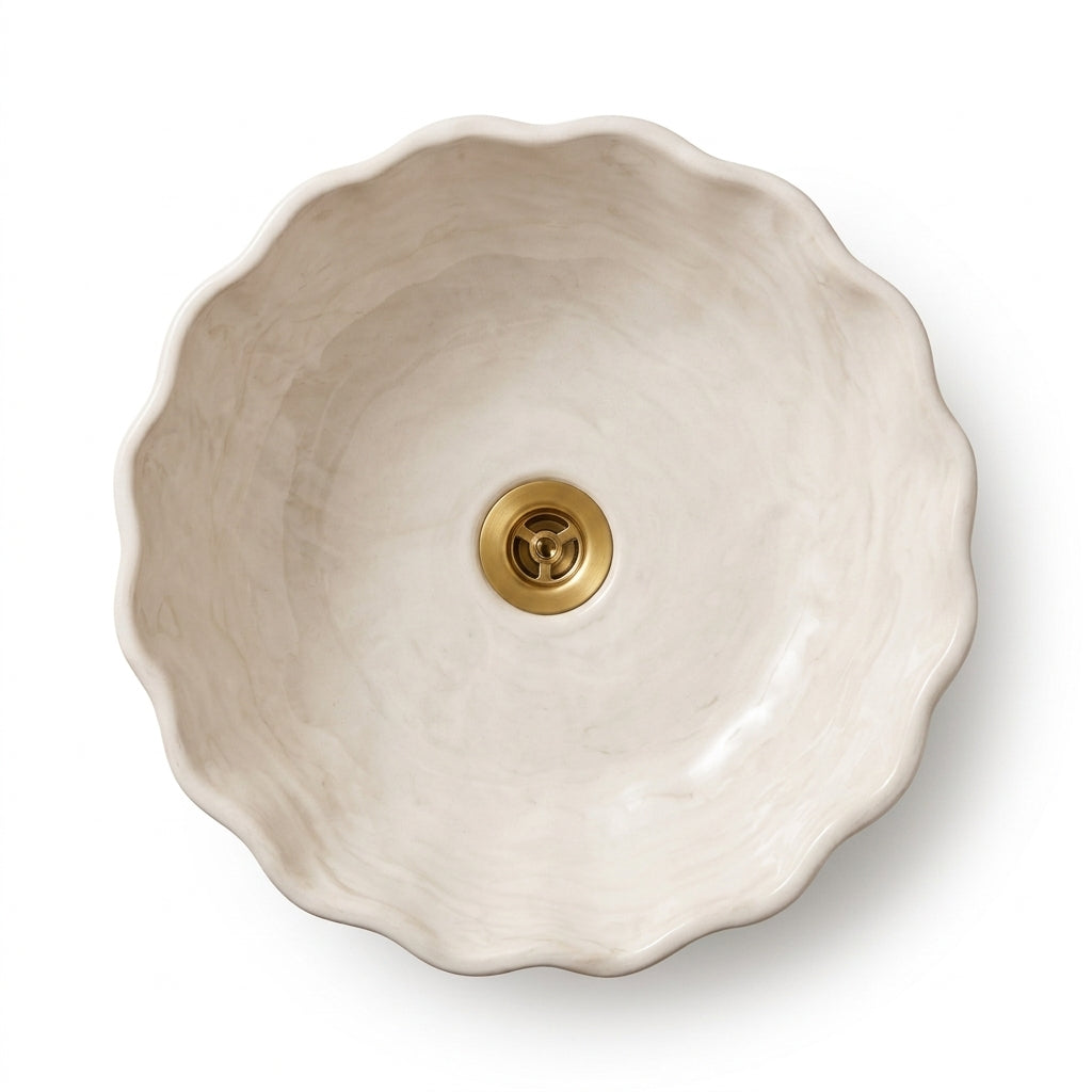 Ivory Shell Moroccan ceramic sink - side view of hand-formed edge