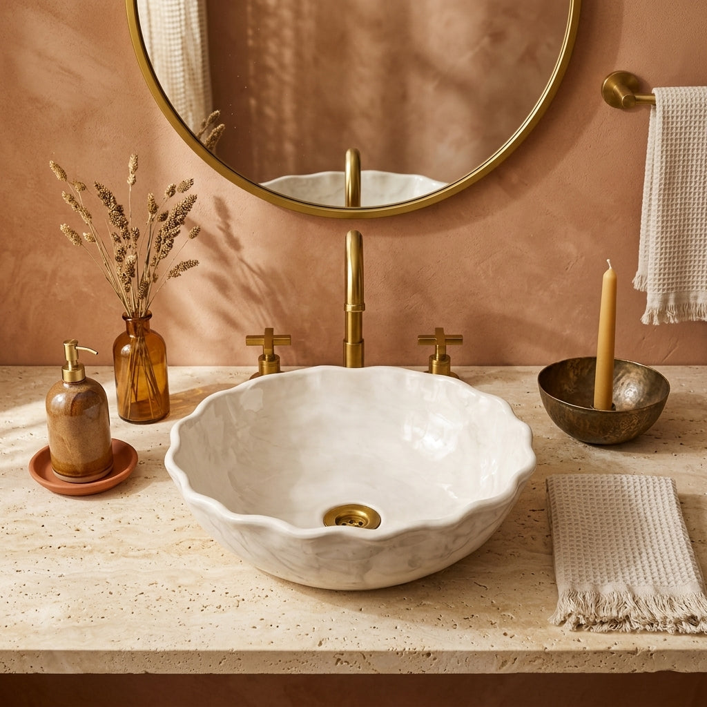 Ivory Shell Moroccan ceramic vessel sink styled on a bathroom counter in a Moroccan-inspired setting