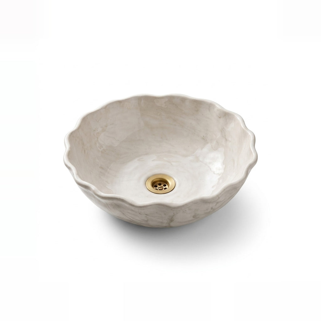 Ivory Shell Moroccan ceramic vessel sink - warm ivory basin with organic scalloped shell edge and gold drain